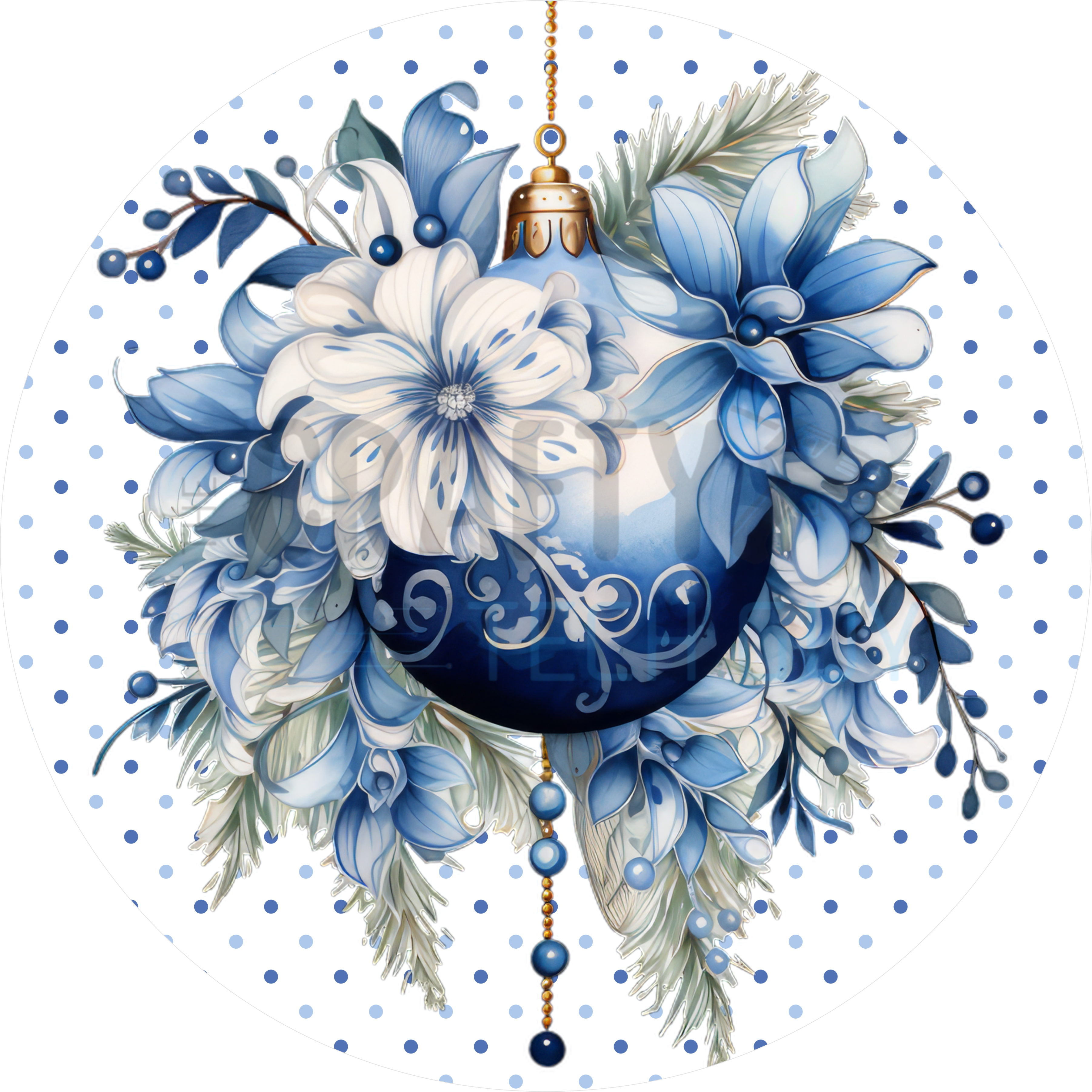 Elegant Blue Ornament with Winter Florals and Polka Dots | Luxury Holiday Design for Christmas, Hanukkah, and Winter Home Décor