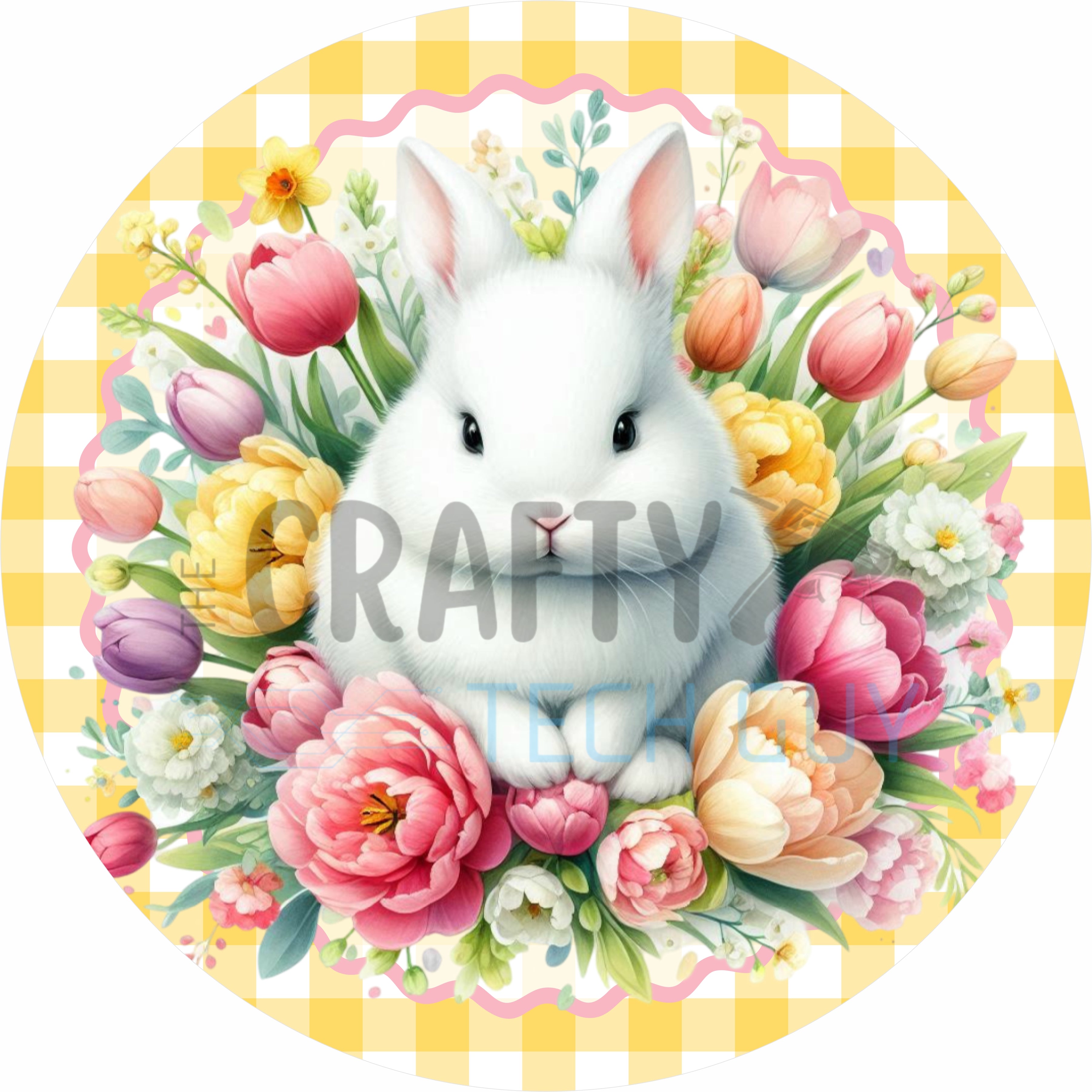 White Bunny Floral Easter Round Wreath Sign
