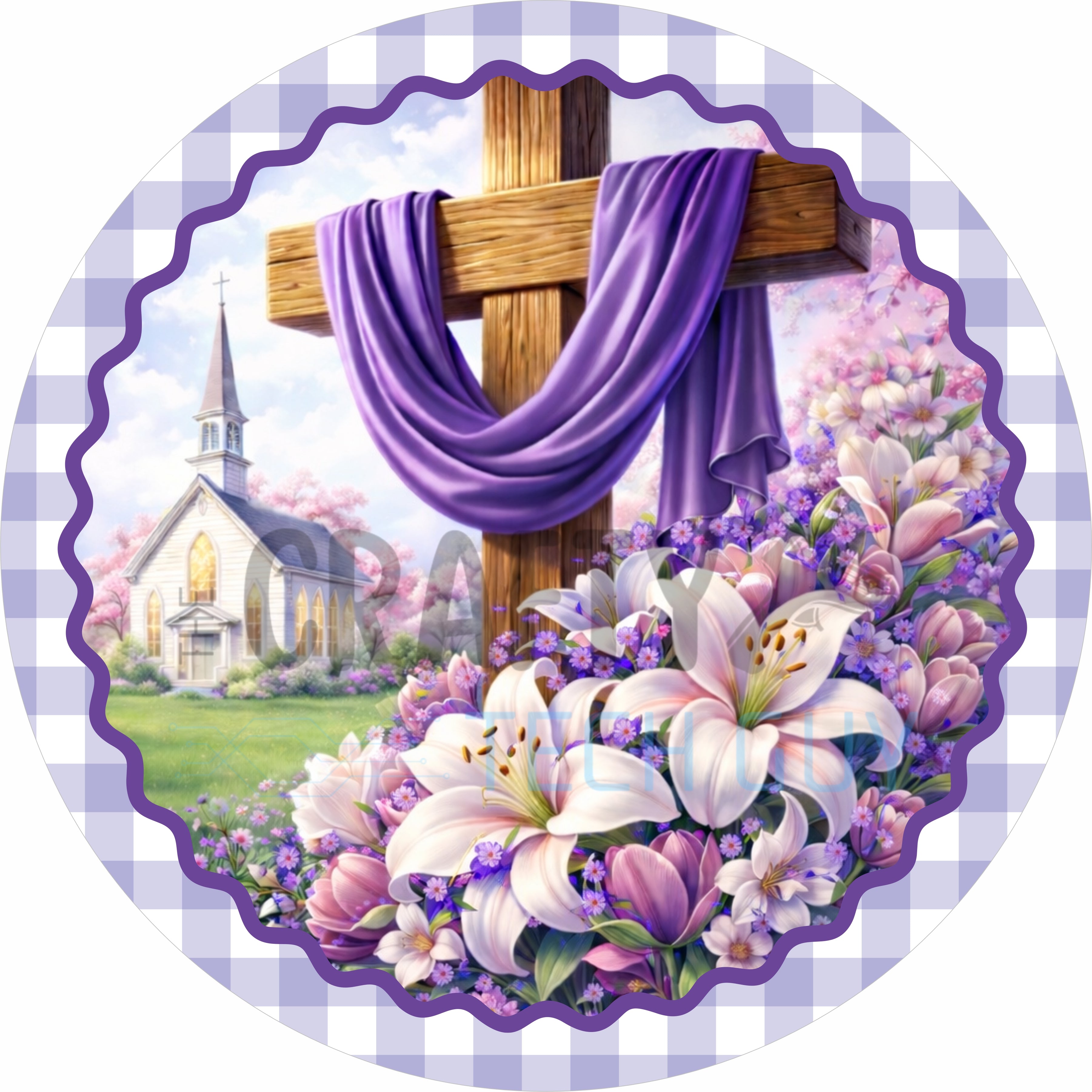 Christian Easter Cross with Lilies Round Wreath Sign