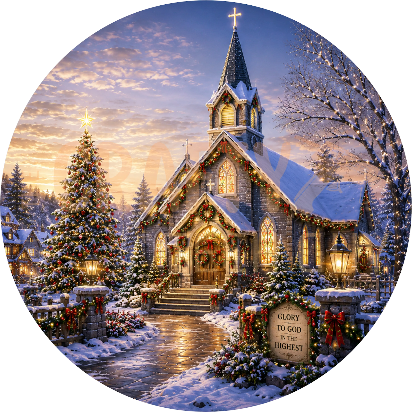 Snowy Church Christmas Wreath Sign – Glory to God in the Highest Design