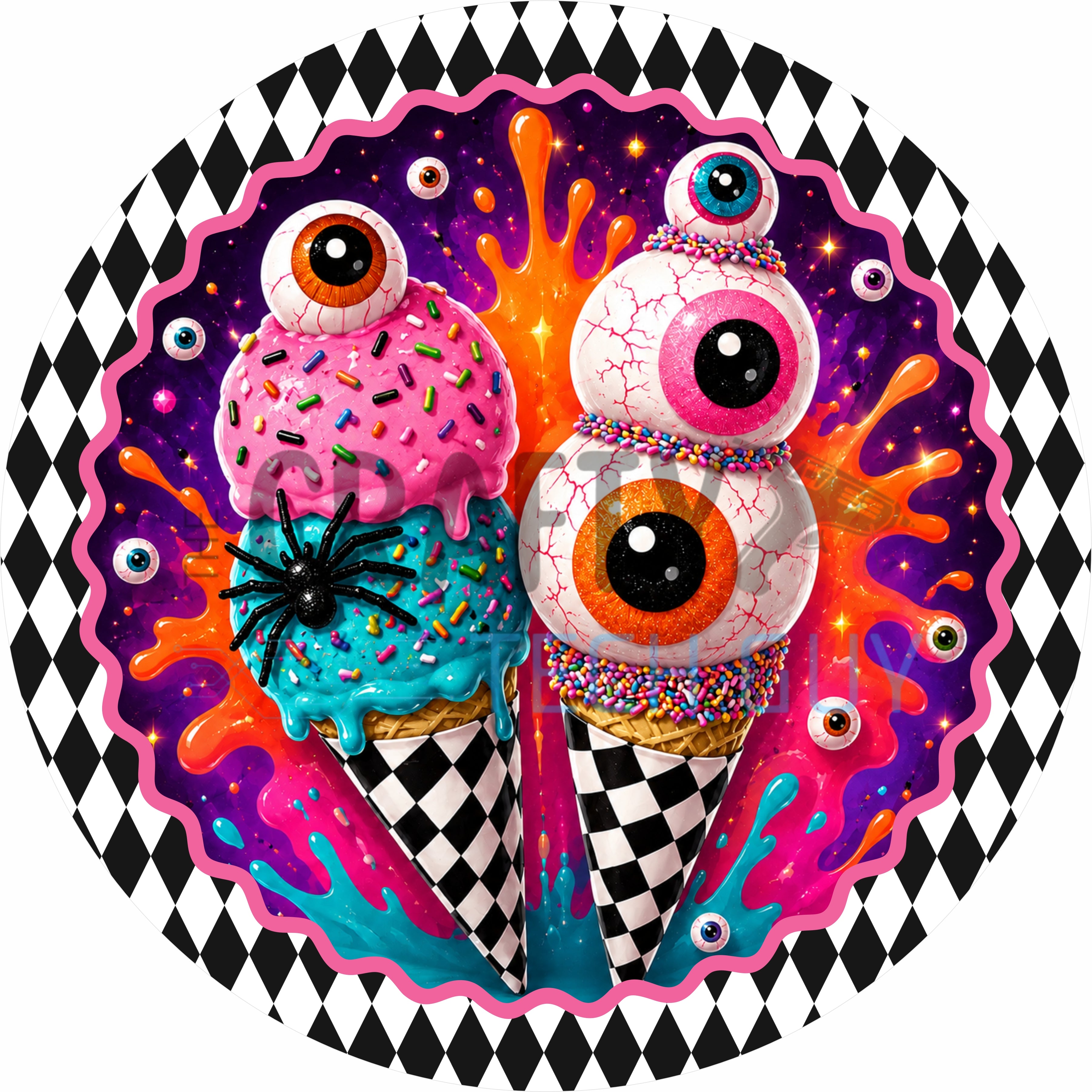 Eyeball Ice Cream Cone Halloween Round Wreath Sign