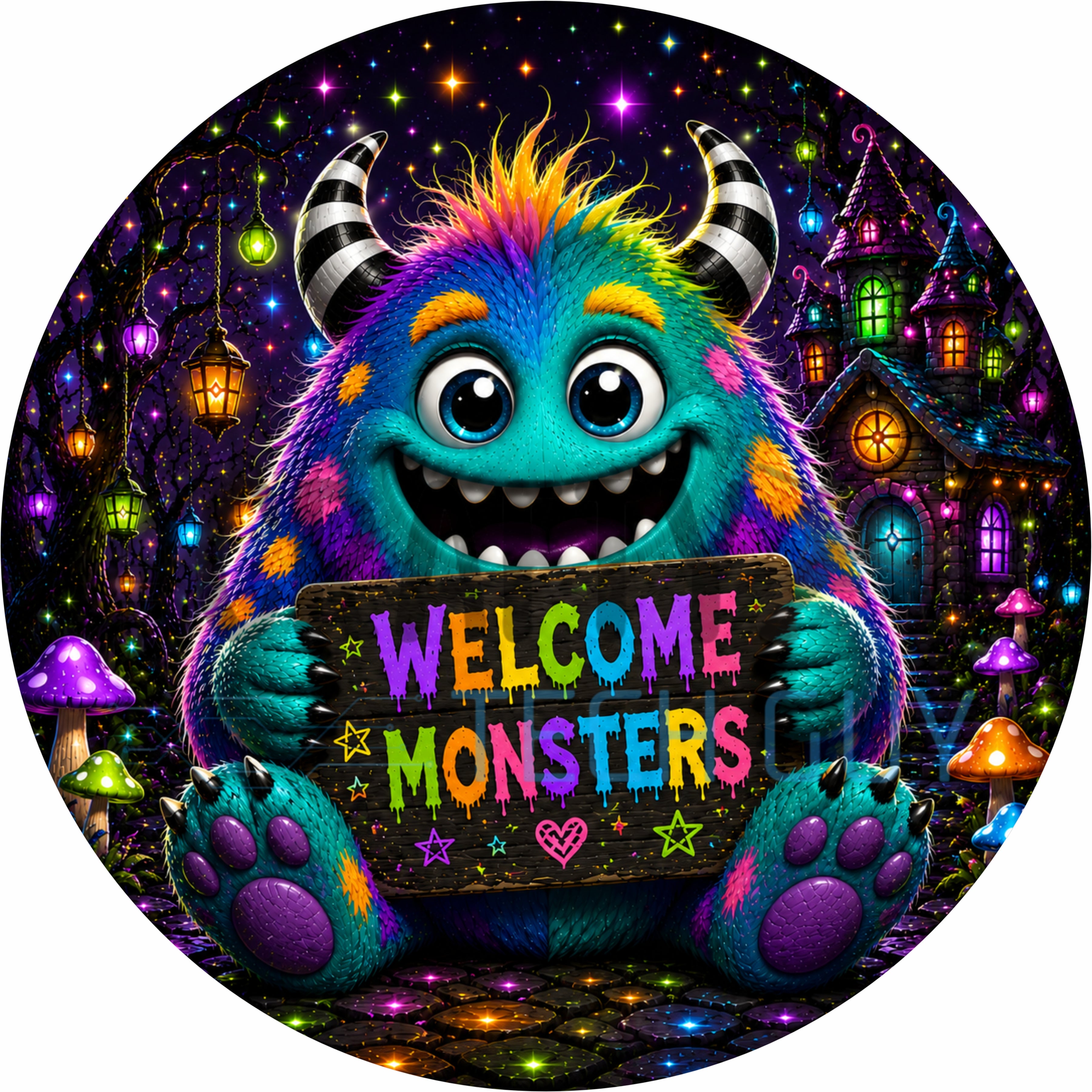Colorful Welcome Monsters Halloween Round Wreath Sign