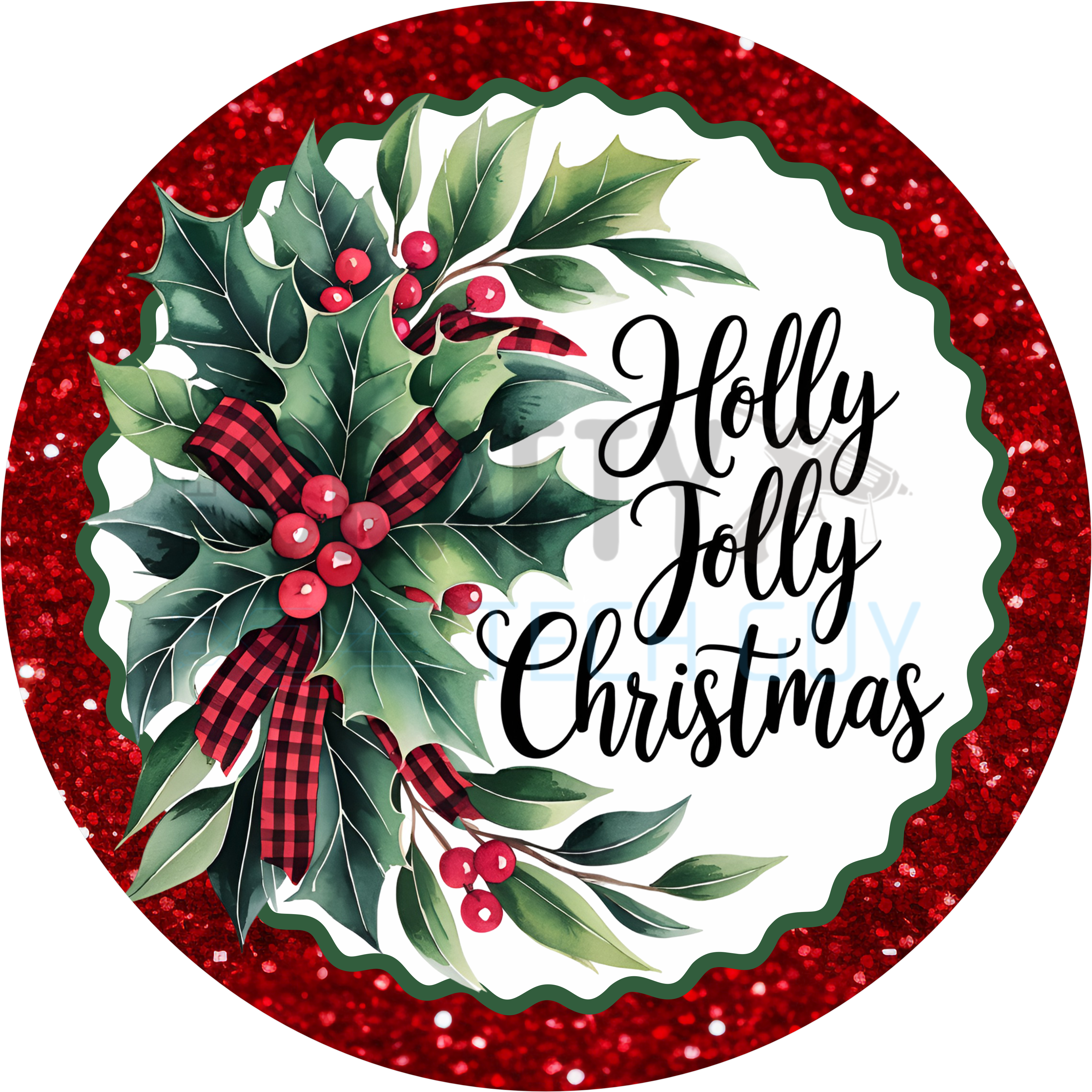 Holly Jolly Christmas Sign with Red Glitter Border, Plaid Bow, and Festive Greenery with Berries and Leaves