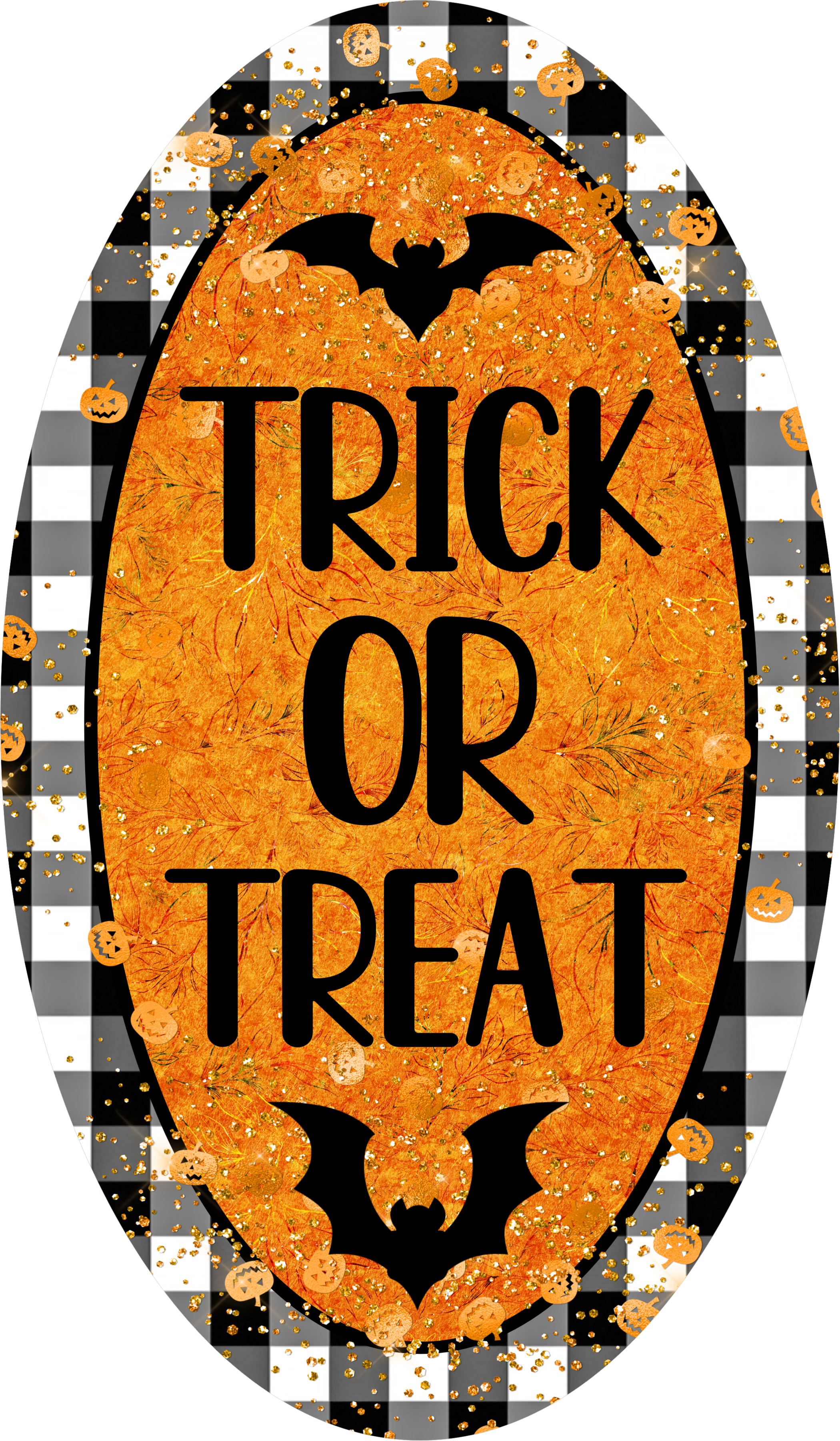Trick or Treat Halloween Sign, Glitter Orange Pumpkin Decor with Buffalo Plaid, Bats and Jack-o'-Lantern Accents