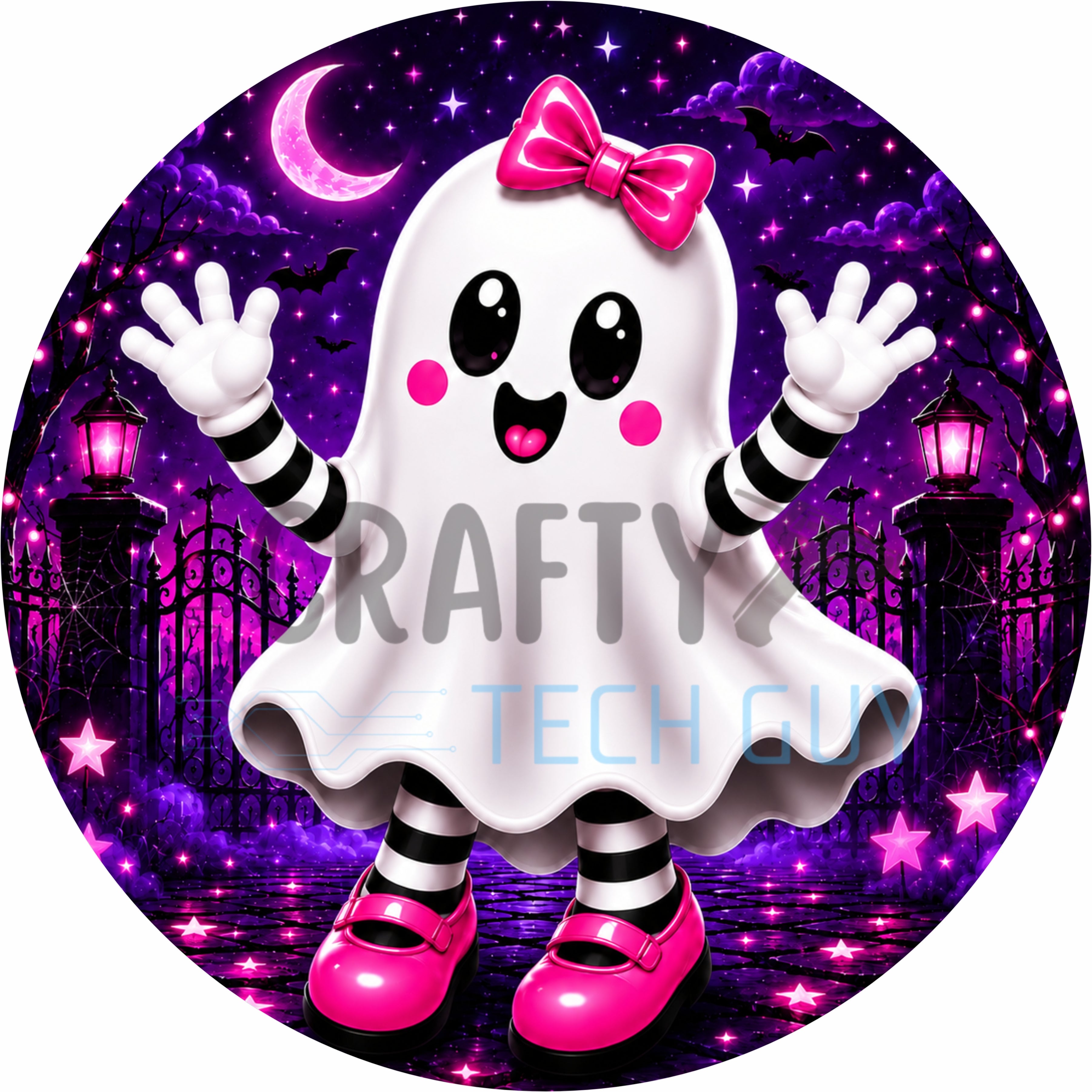 Pink Ghost Halloween Round Wreath Sign