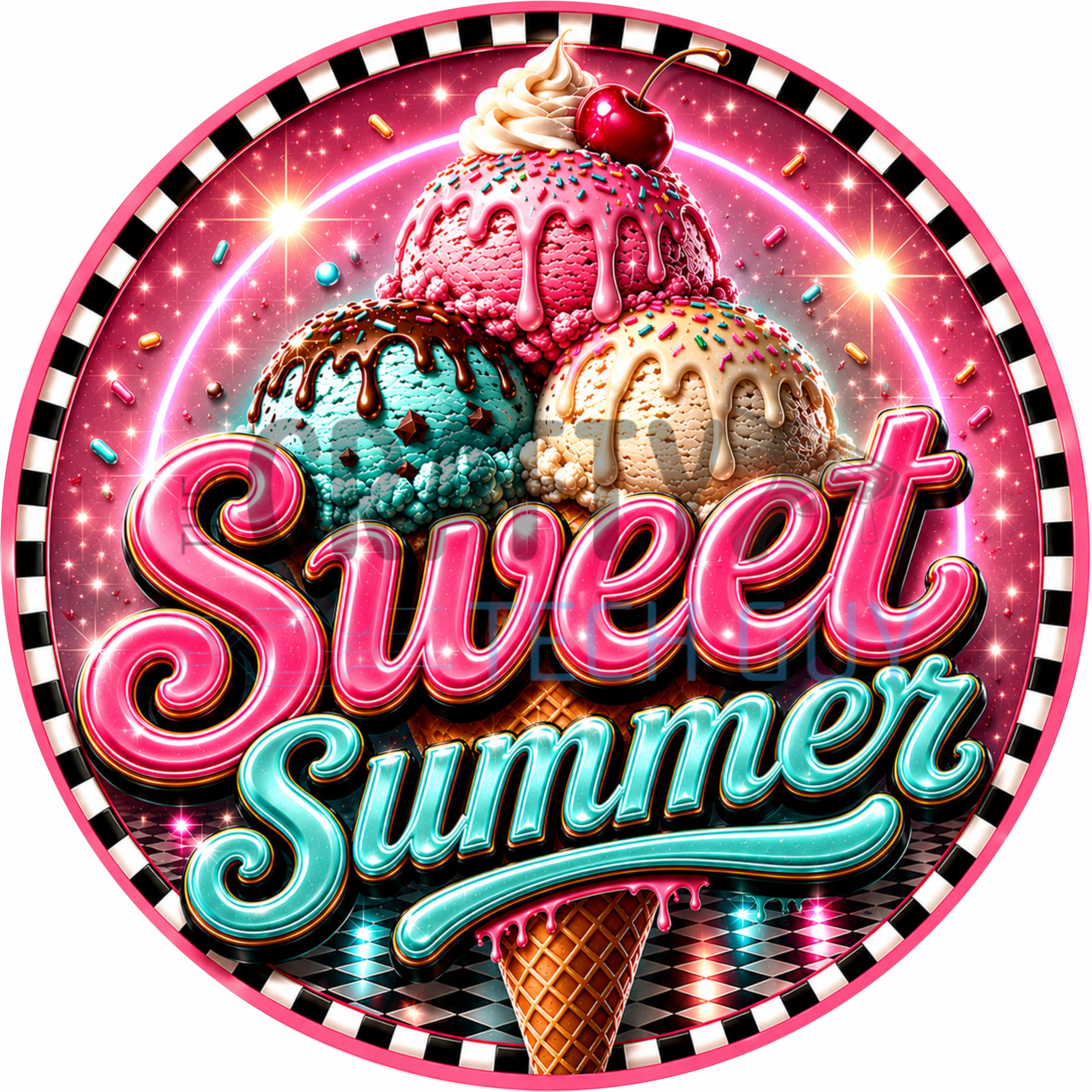 Sweet Summer Checkered Ice Cream Round Wreath Sign
