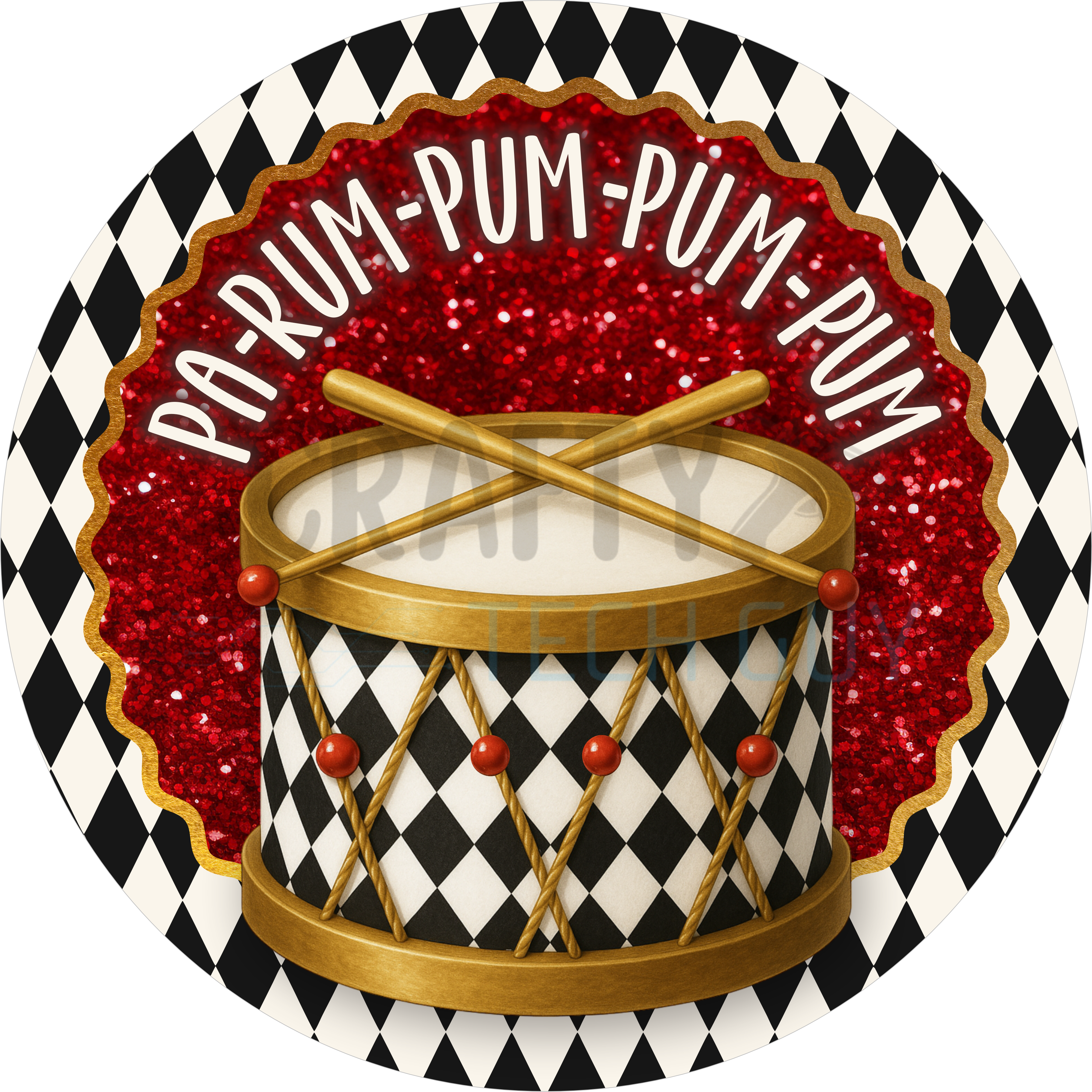 Pa Rum Pum Pum Pum Drum Design | Red Glitter and Harlequin Pattern | Classic Little Drummer Boy Christmas Art for Holiday Décor