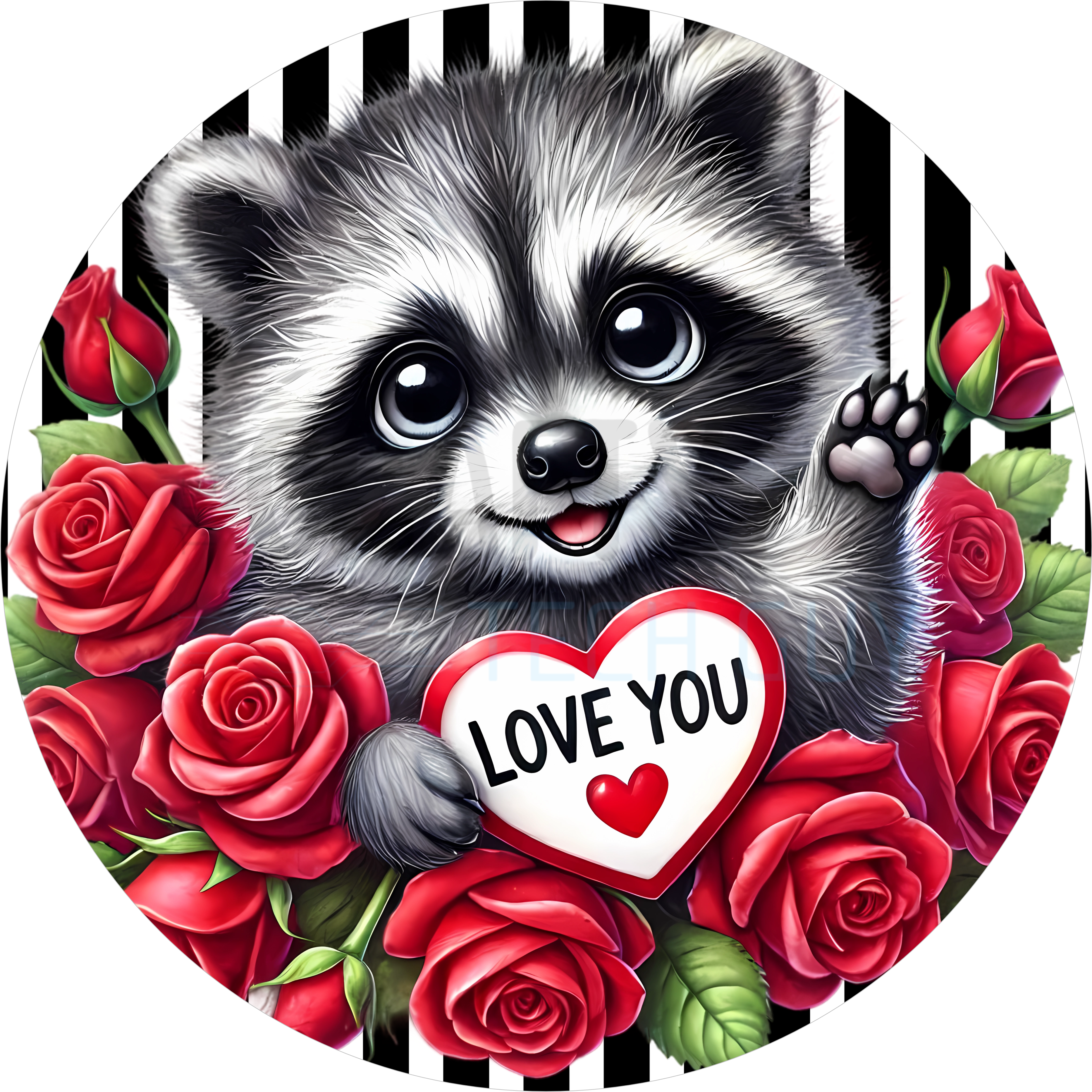 Love You Raccoon Valentine Round Sign – Red Rose Decor