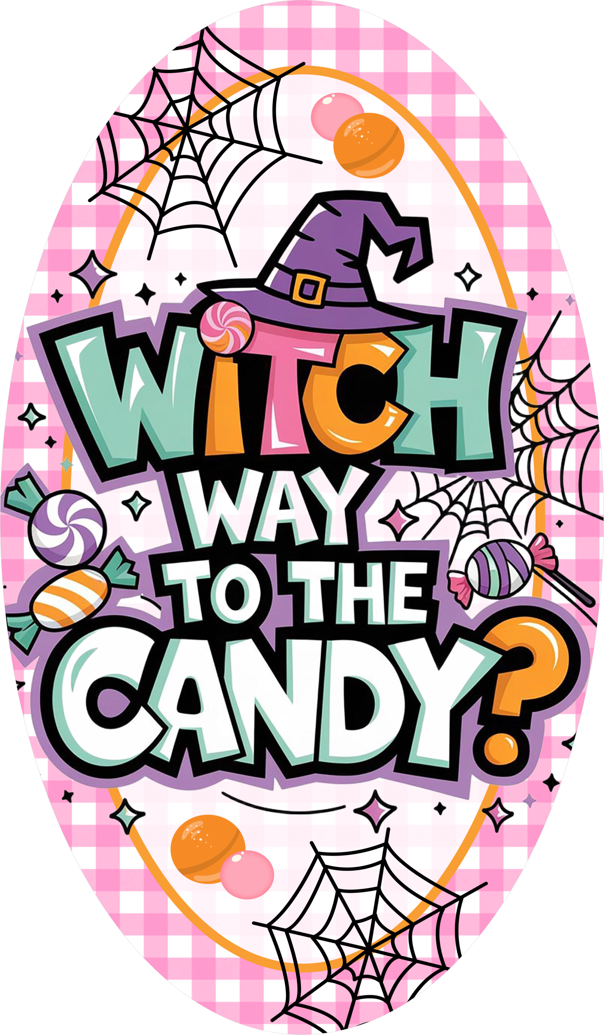Witch Way to the Candy Sign, Pink Halloween Decor with Sweets and Spiderwebs, Cute Gingham Wreath Accent