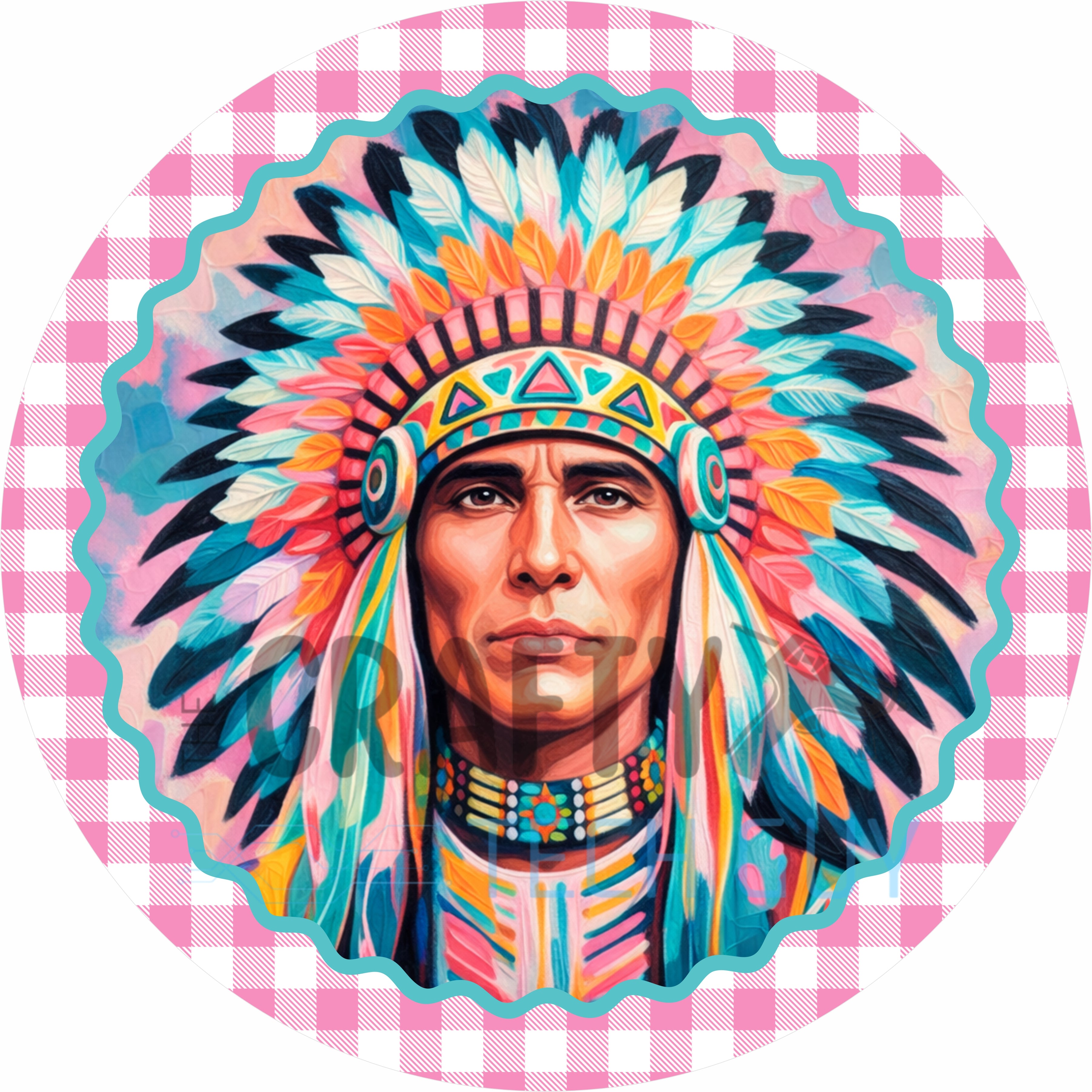Native American Indian Colorful Headdress Portrait Round Wreath Sign