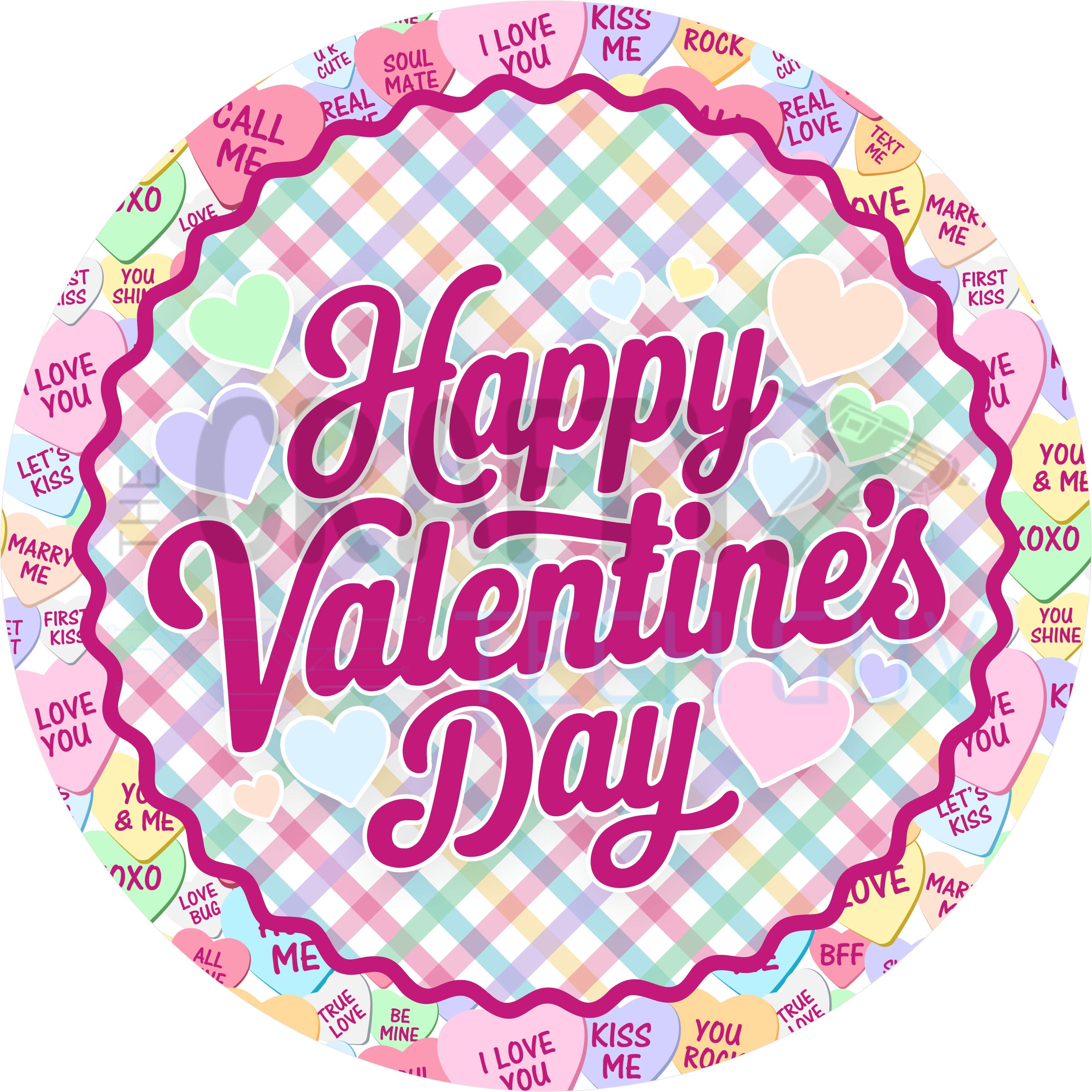 Happy Valentine’s Day Candy Hearts Plaid Round Wreath Sign