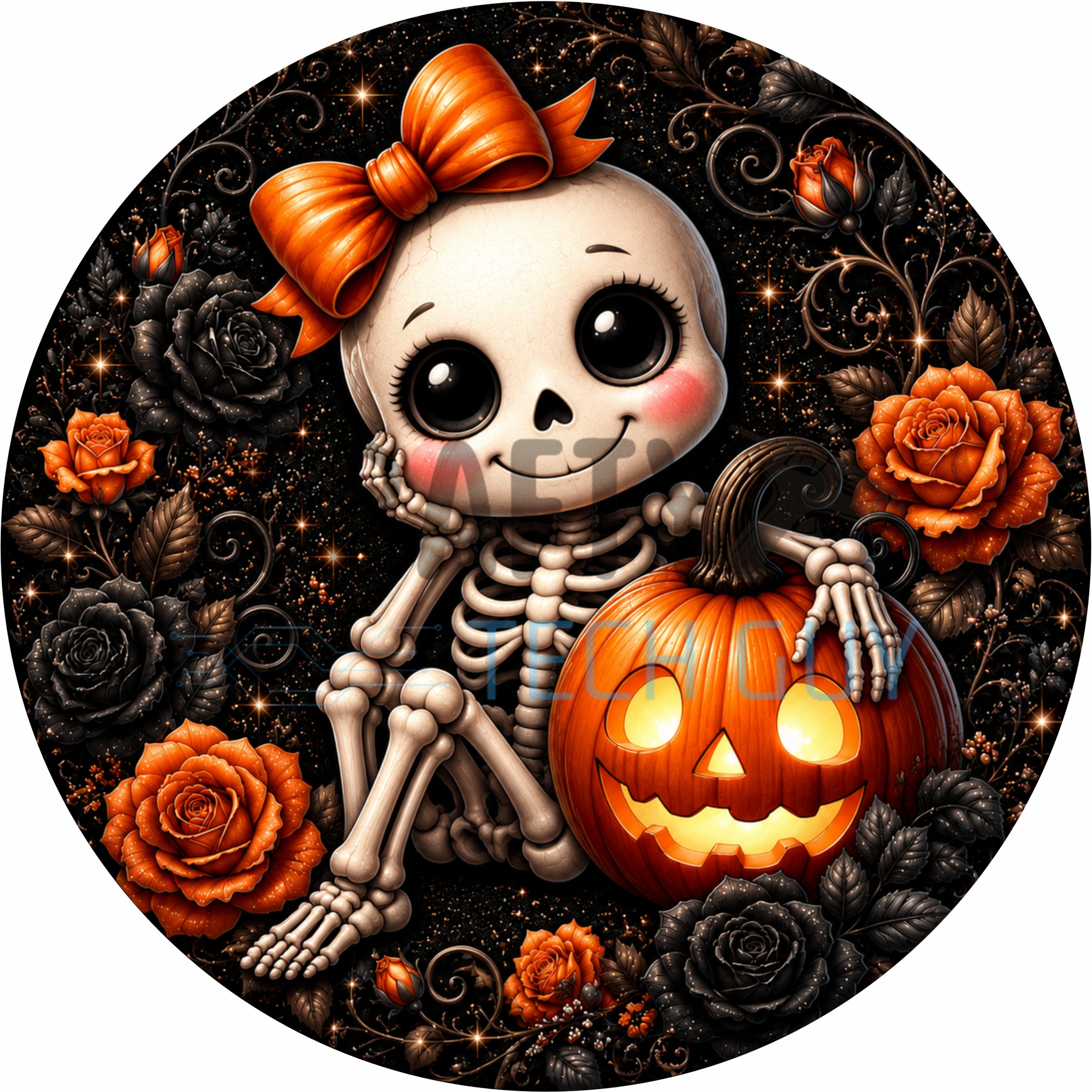 Cute Skeleton Girl with Pumpkin Halloween Round Wreath Sign