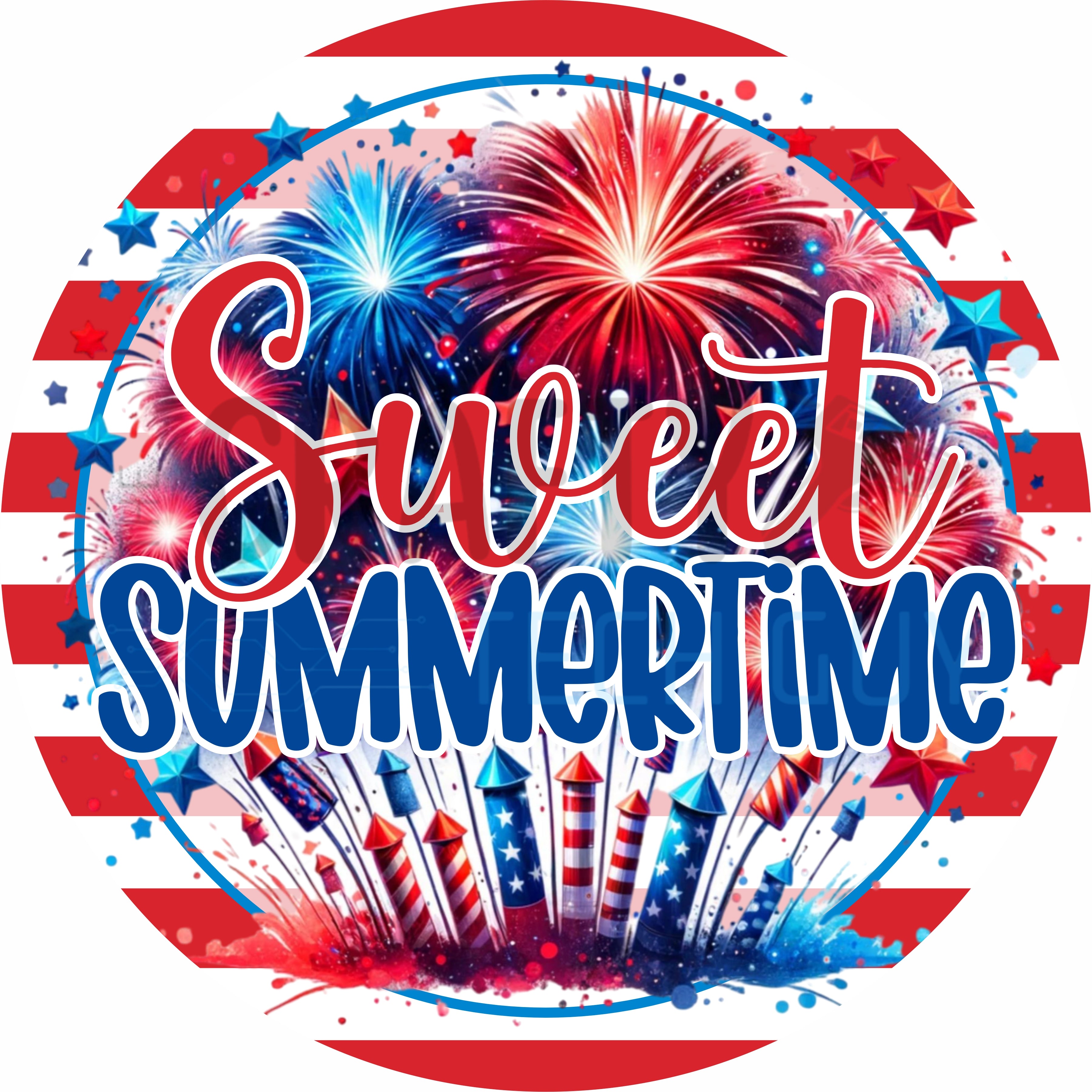 Sweet Summertime Fireworks Patriotic Round Wreath Sign