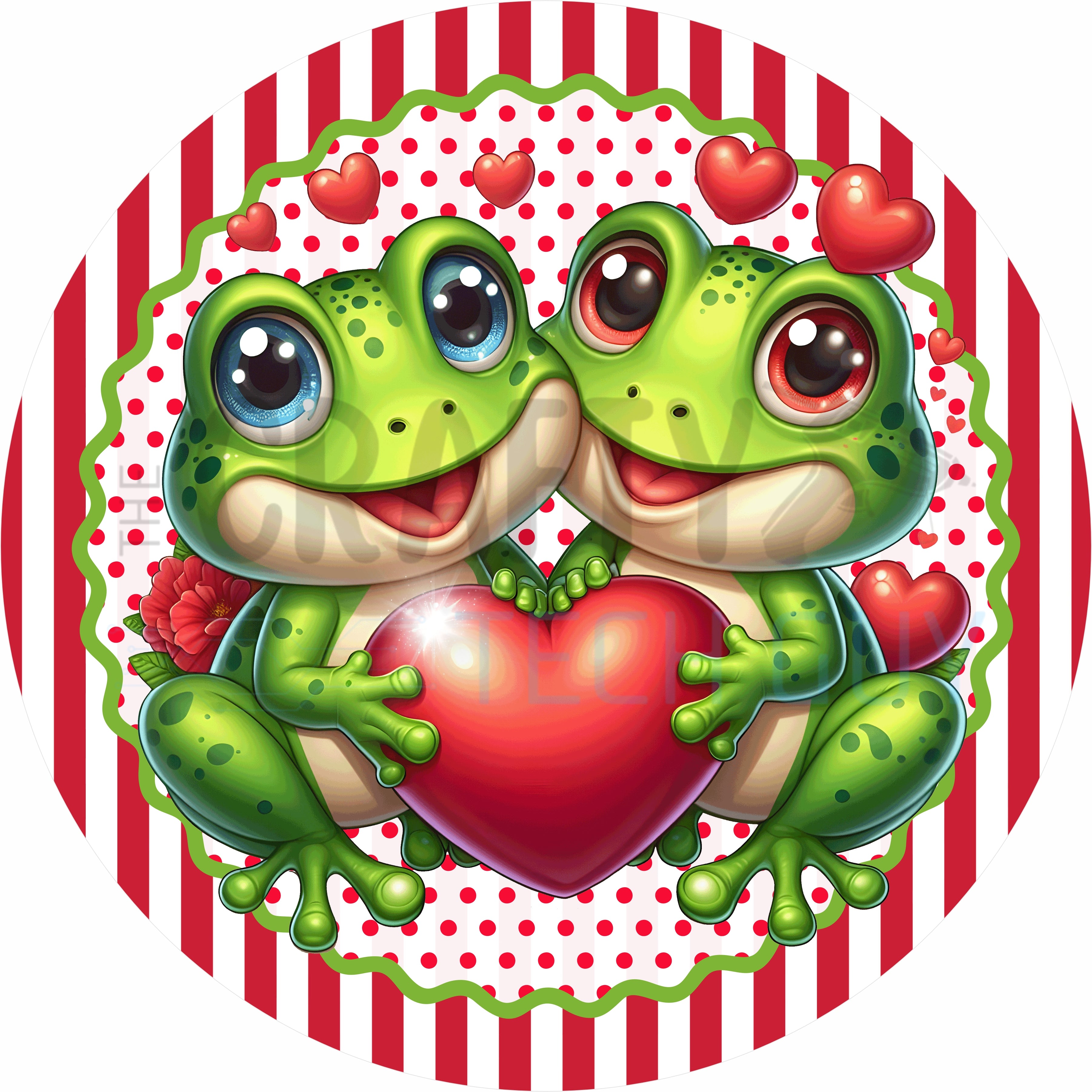 Cute Valentine Frogs Holding Heart Red and White Stripe Love Decor Round Wreath Sign