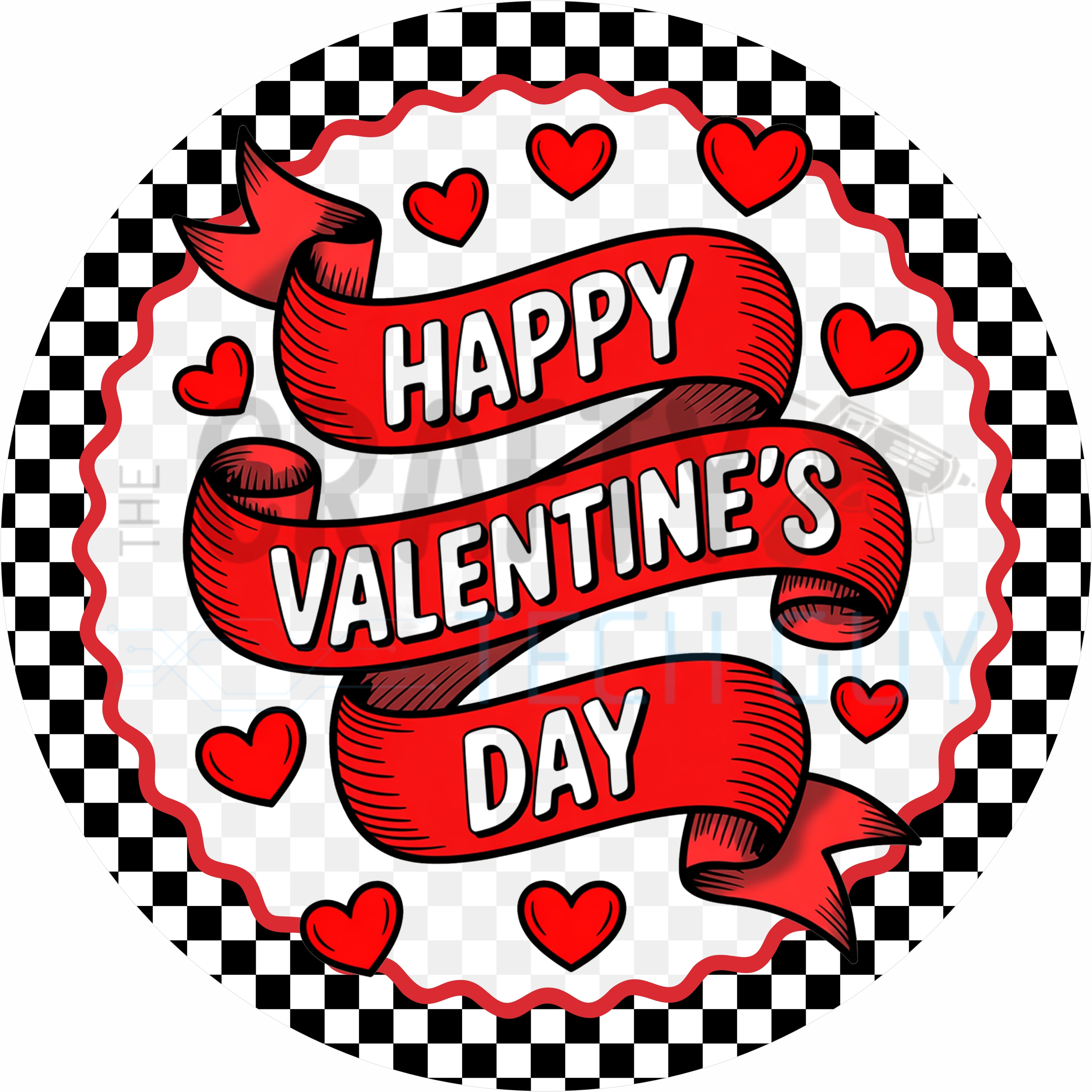 Happy Valentine’s Day Ribbon Banner Black and White Checkered Decor Round Wreath Sign