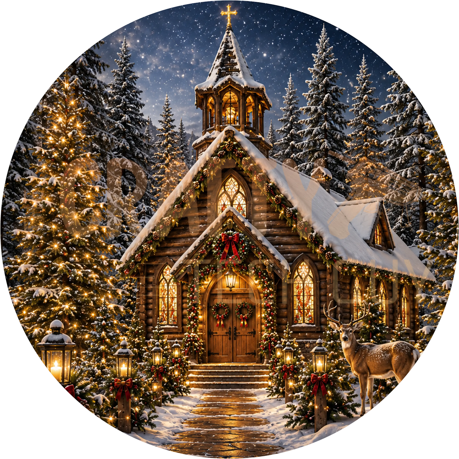 Log Cabin Church Deer Christmas Wreath Sign – Snowy Pines Design