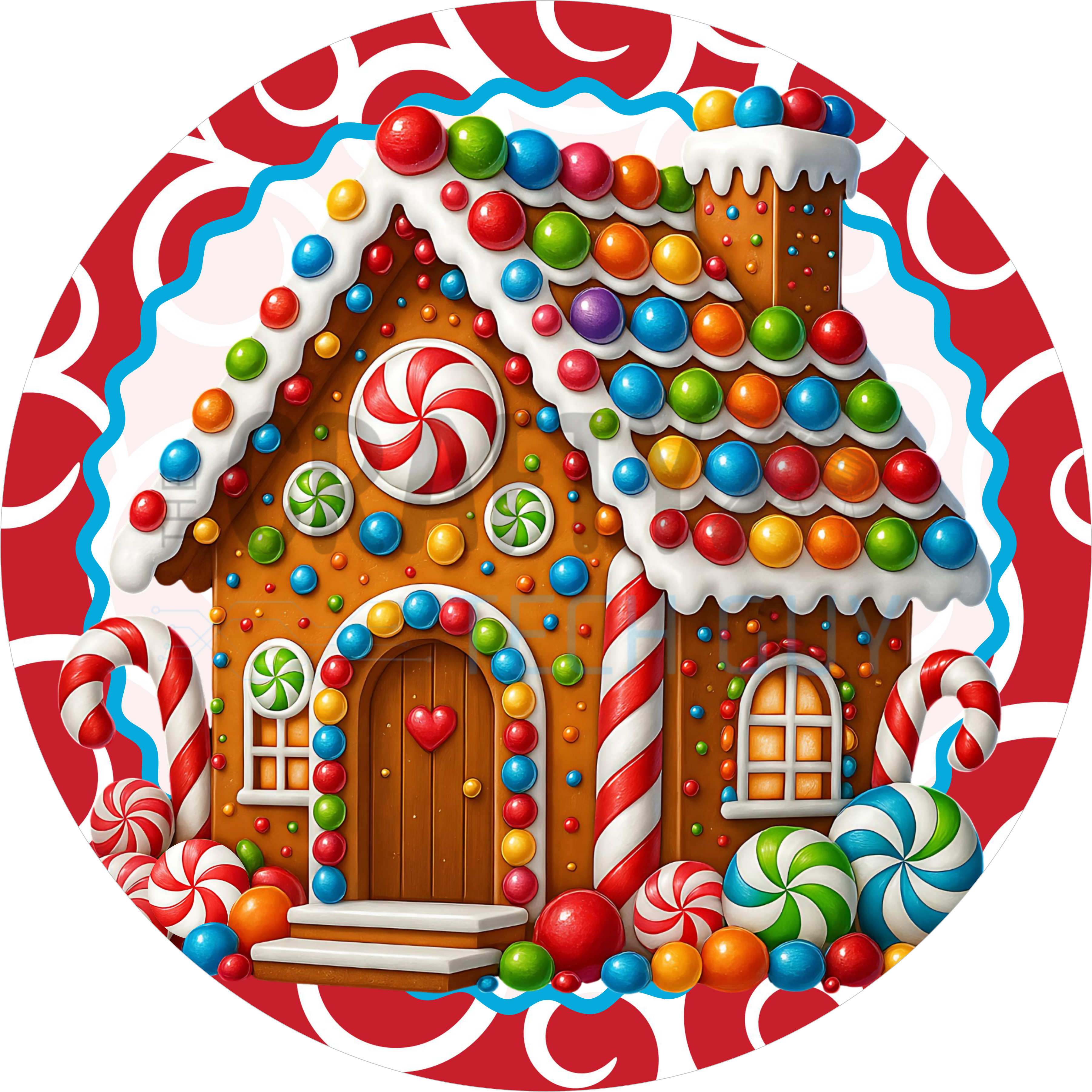 Gingerbread Candy House Design | Colorful Gumdrops and Peppermints on Red Swirl Background | Whimsical Christmas Décor for Holiday Cheer