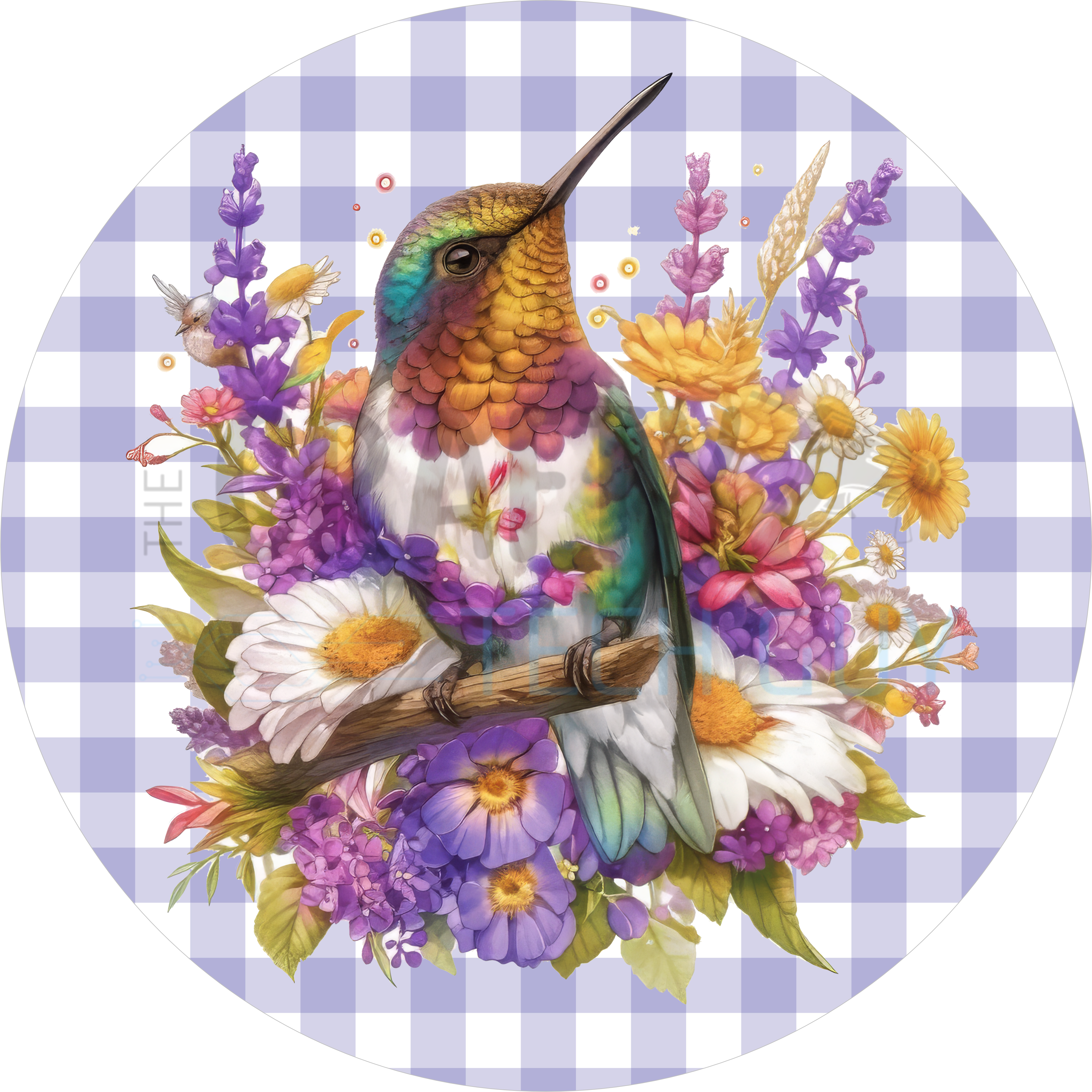 Hummingbird Floral Welcome Sign – Spring Garden Door Décor, Purple Gingham Round Sign