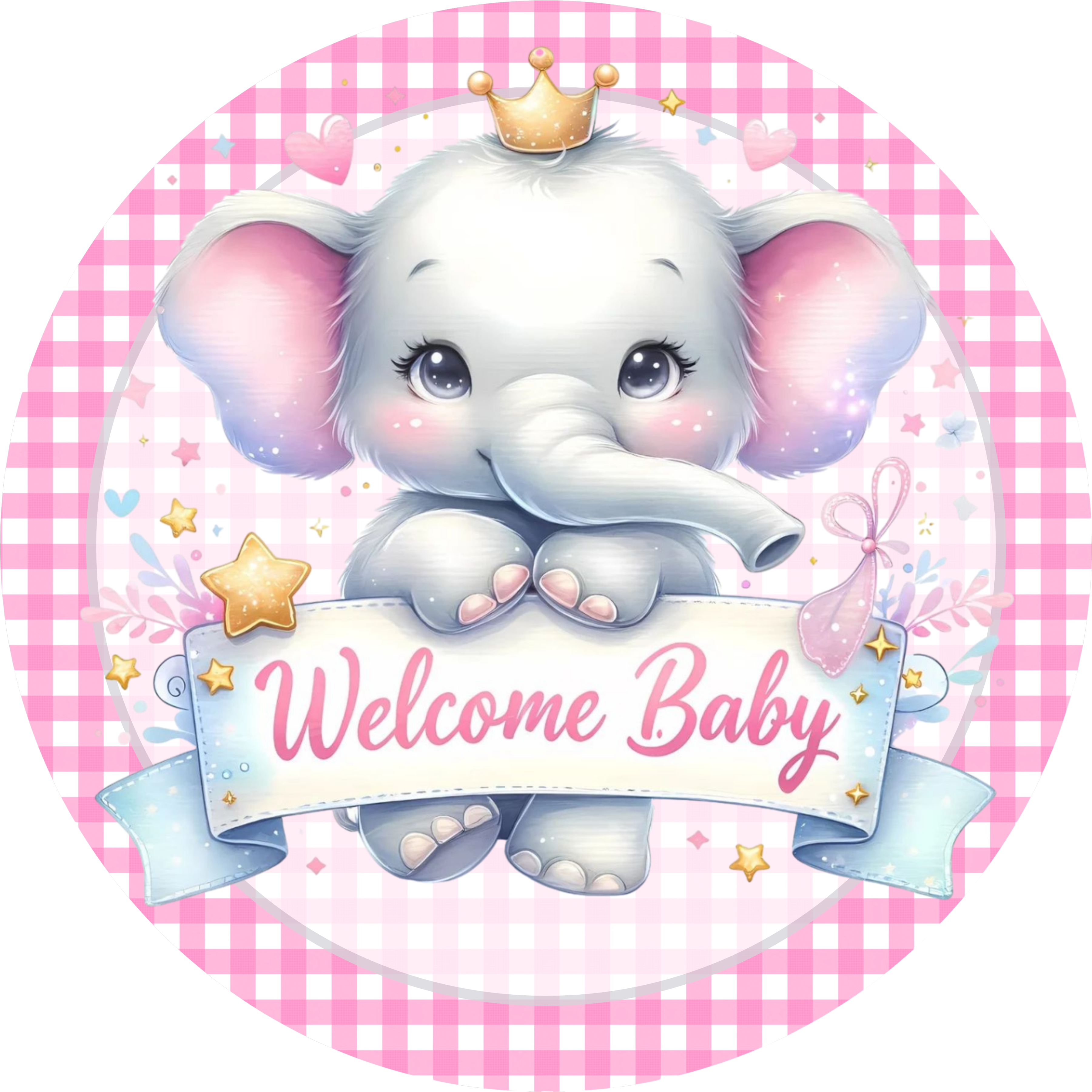 Letrero de bienvenida con elefante rosa, decoración para baby shower de niña, bonito arte de pared de cuadros vichy para guardería.