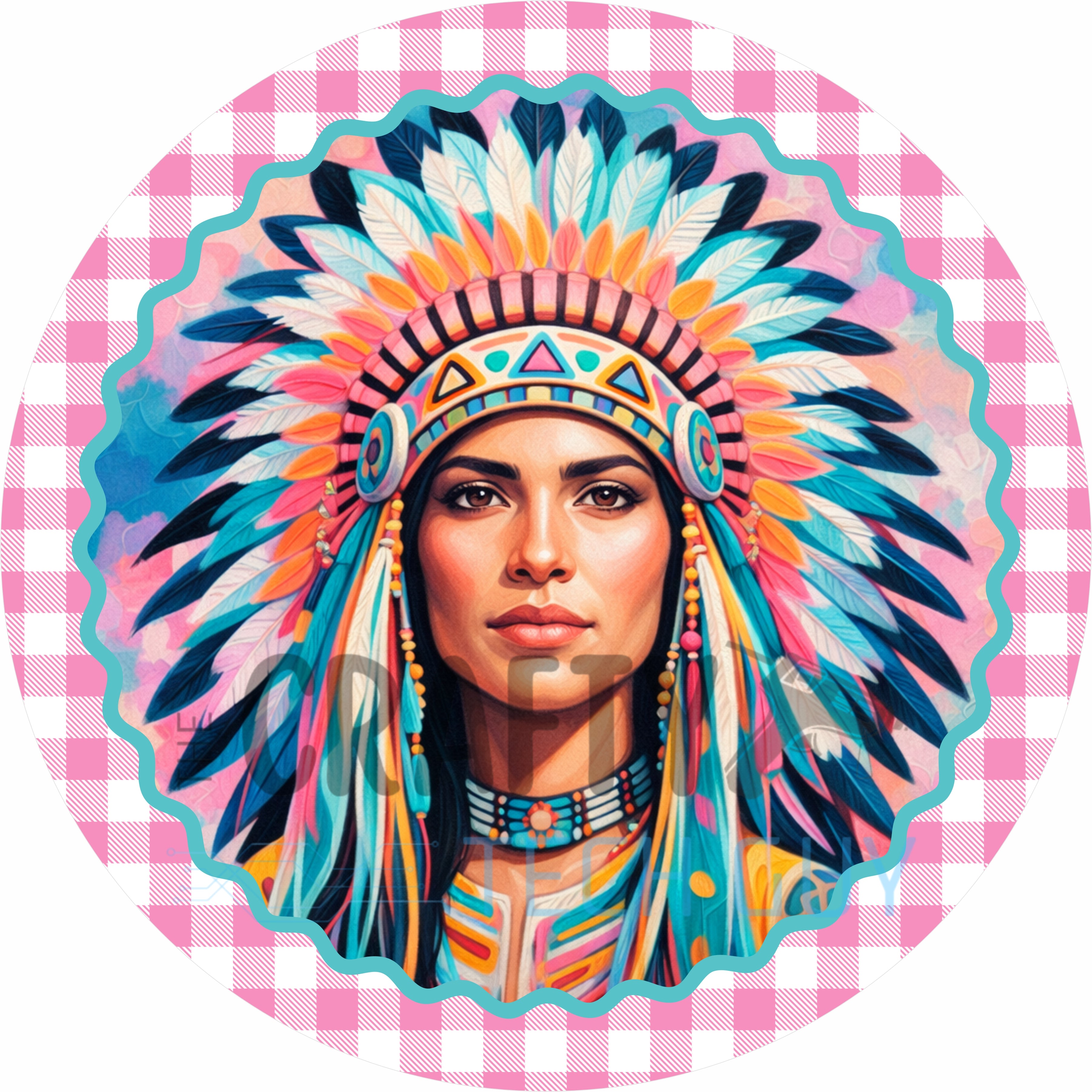 Native American Indian Colorful Headdress Portrait Pink Gingham Round Wreath Sign