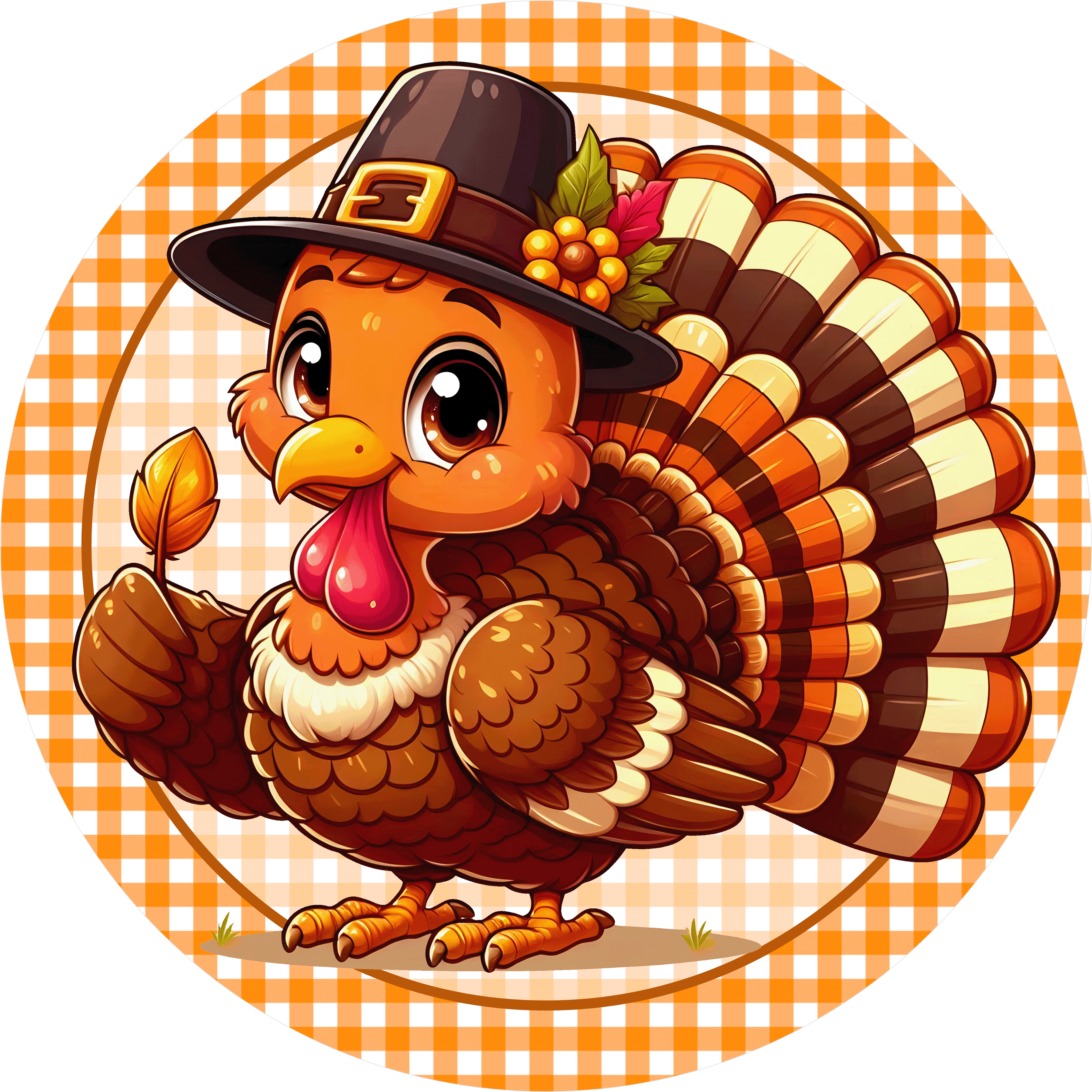 Letrero de corona de pavo de Acción de Gracias, bonito letrero de metal con pavo otoñal con fondo de cuadros, decoración para otoño y coronas festivas.