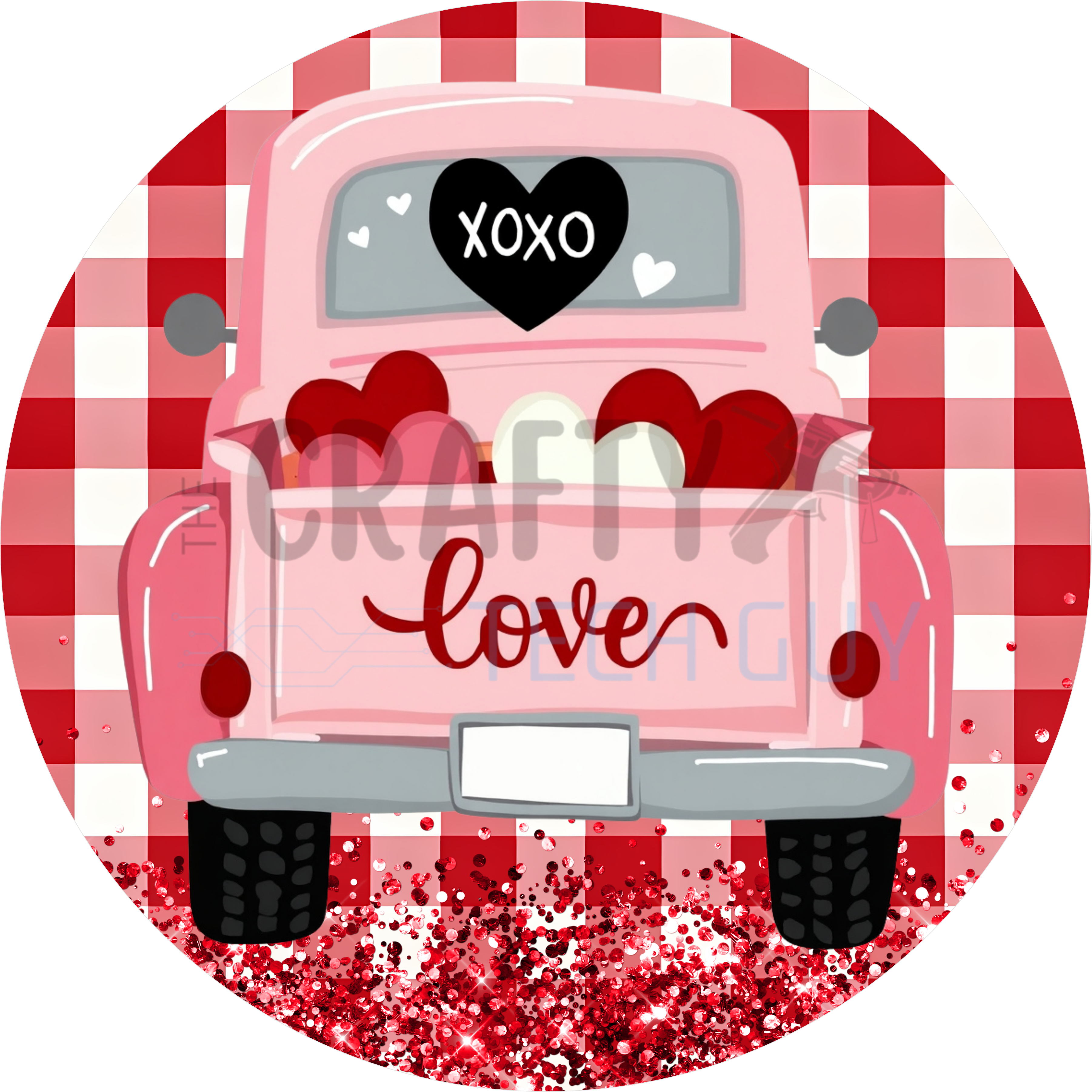 Pink Vintage Truck Filled with Hearts Valentine Design | XOXO Love Buffalo Plaid Art for Romantic Wreaths, Gifts, and Home Décor