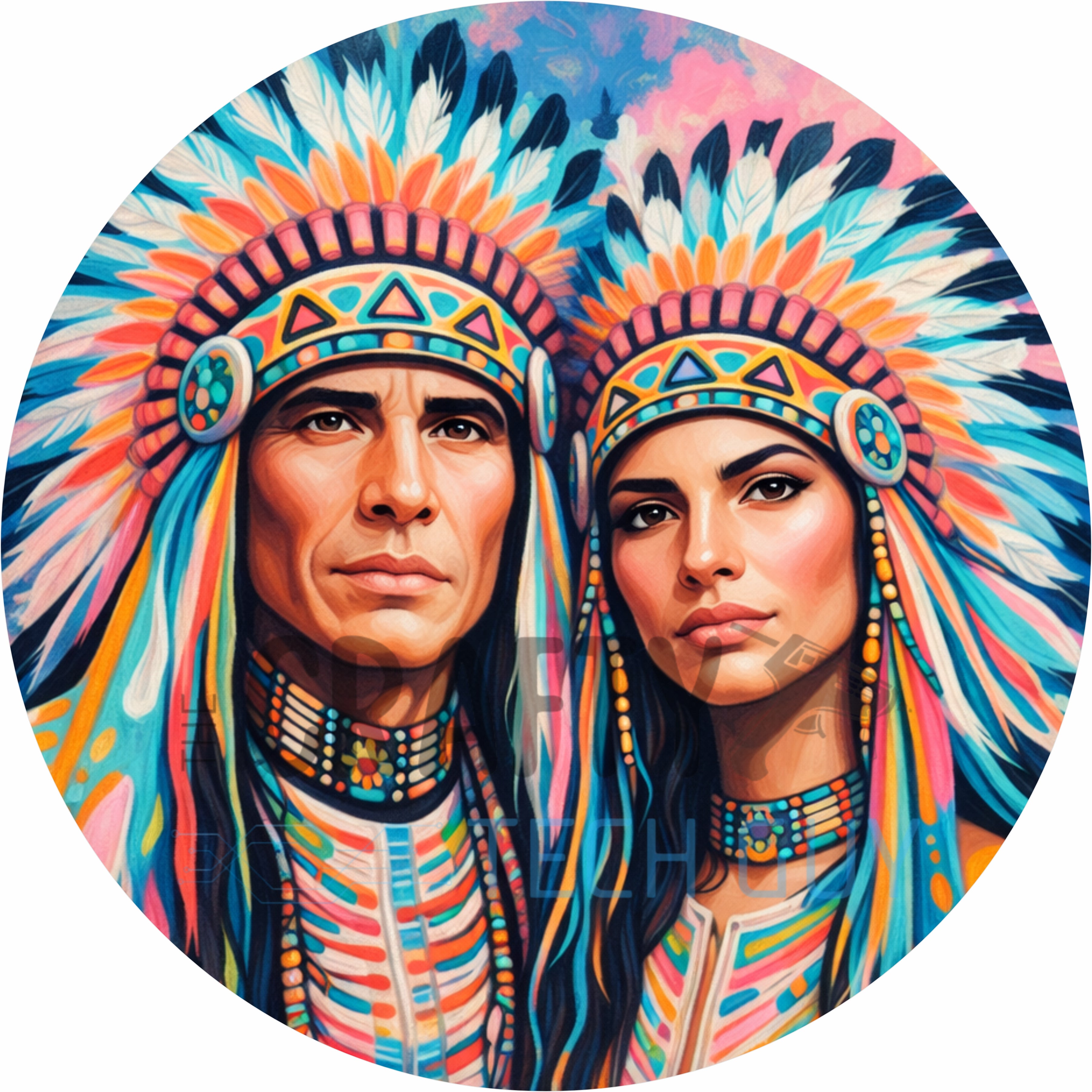 Colorful Couple Headdress Portrait Round Wreath Sign
