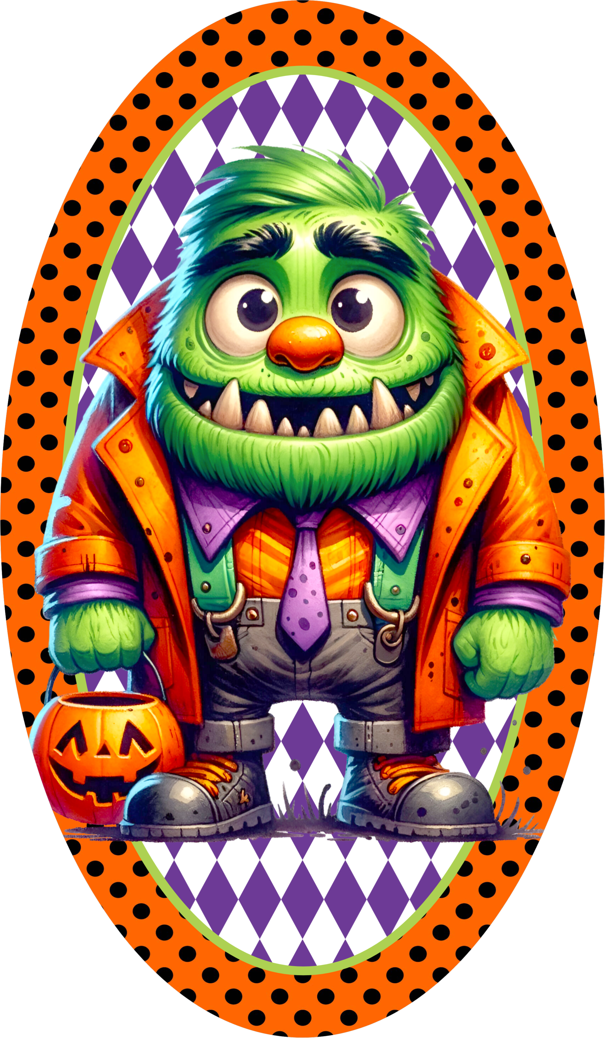 Cute Green Monster Halloween Sign, Trick-or-Treat Character Decor with Pumpkin Pail, Orange and Purple Wreath Accent