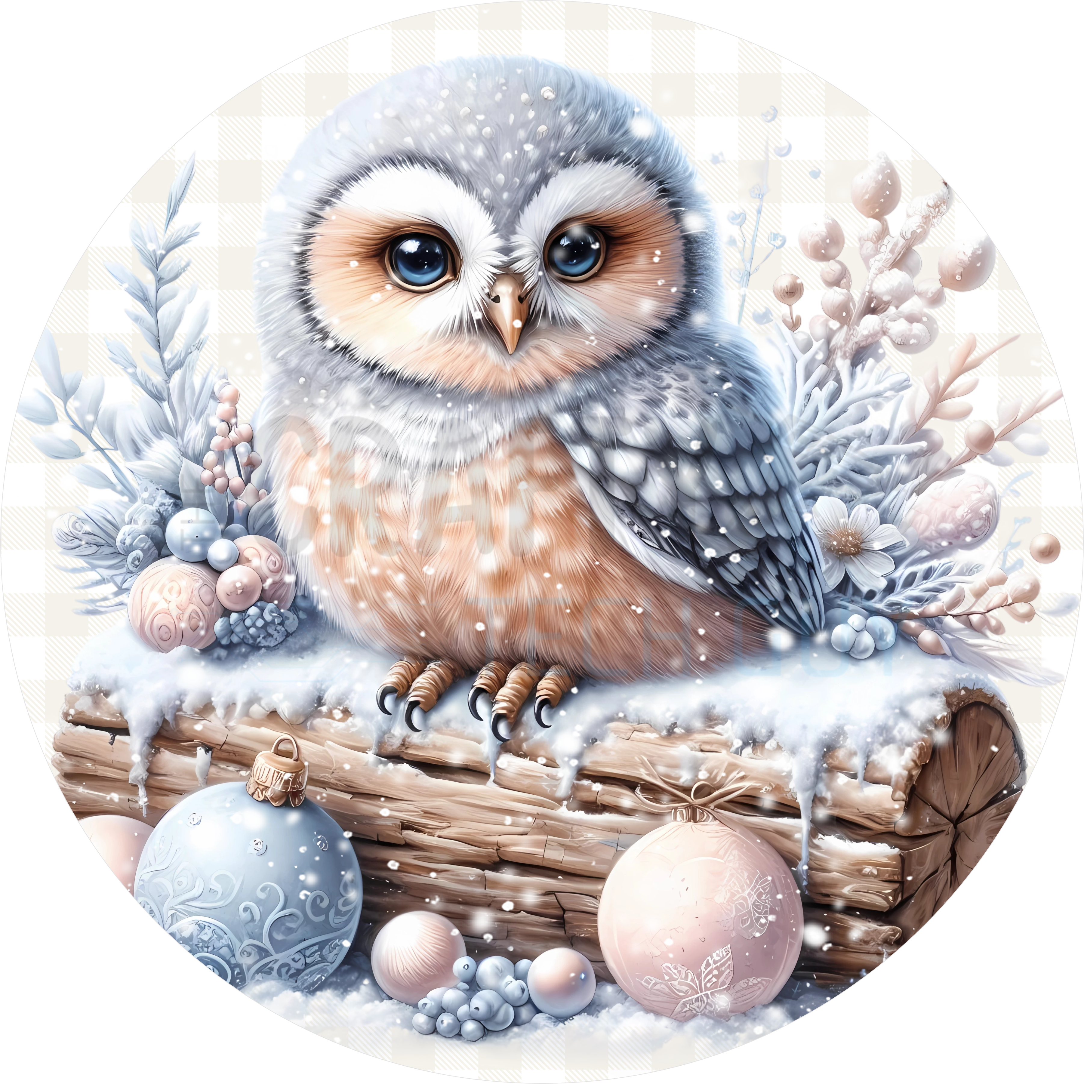 Winter Owl Christmas Round Sign – Soft Pastel Holiday Décor