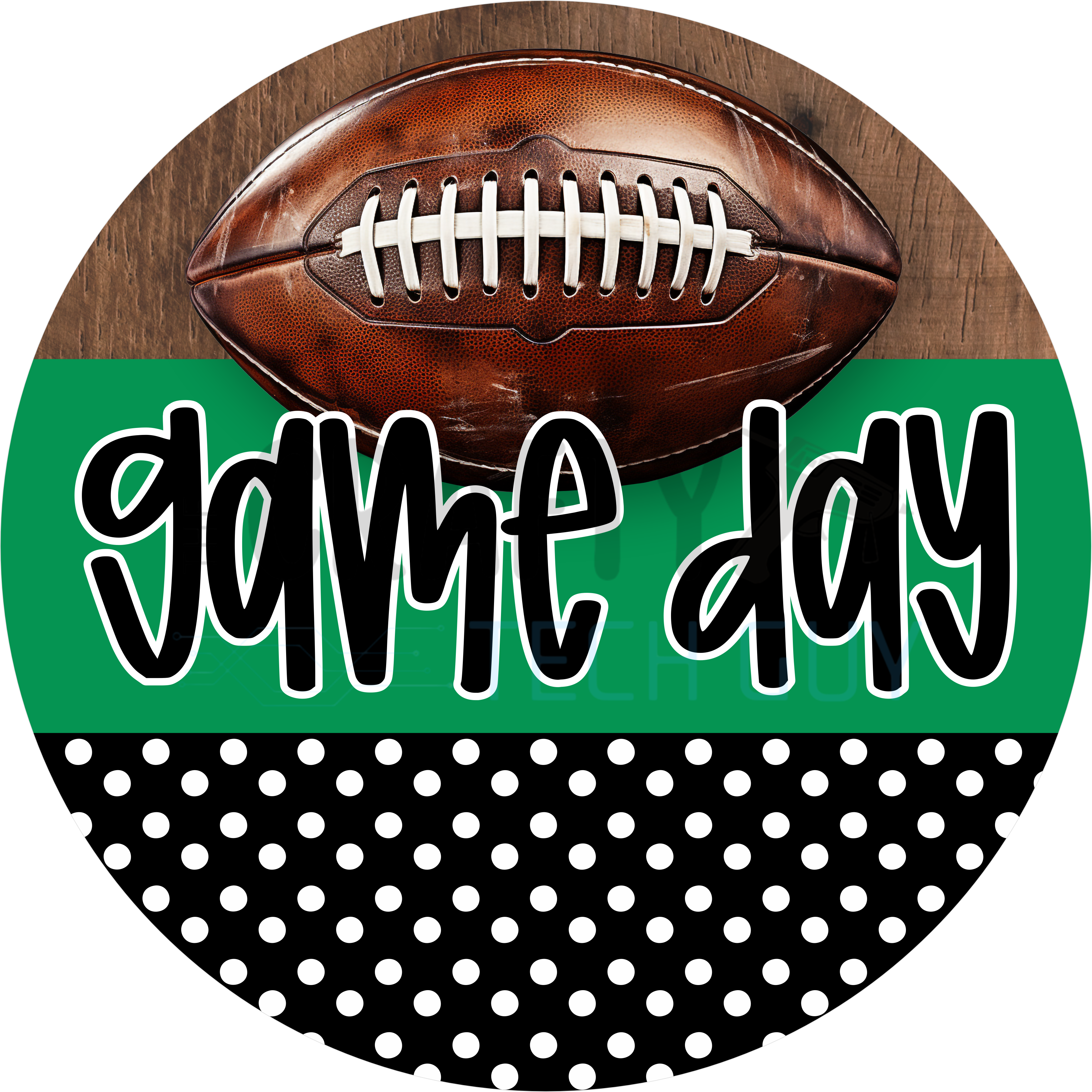 Game Day Football Design | Brown Football on Green and Black Polka Dot Background Perfect for Sports Fans and Football Season Décor