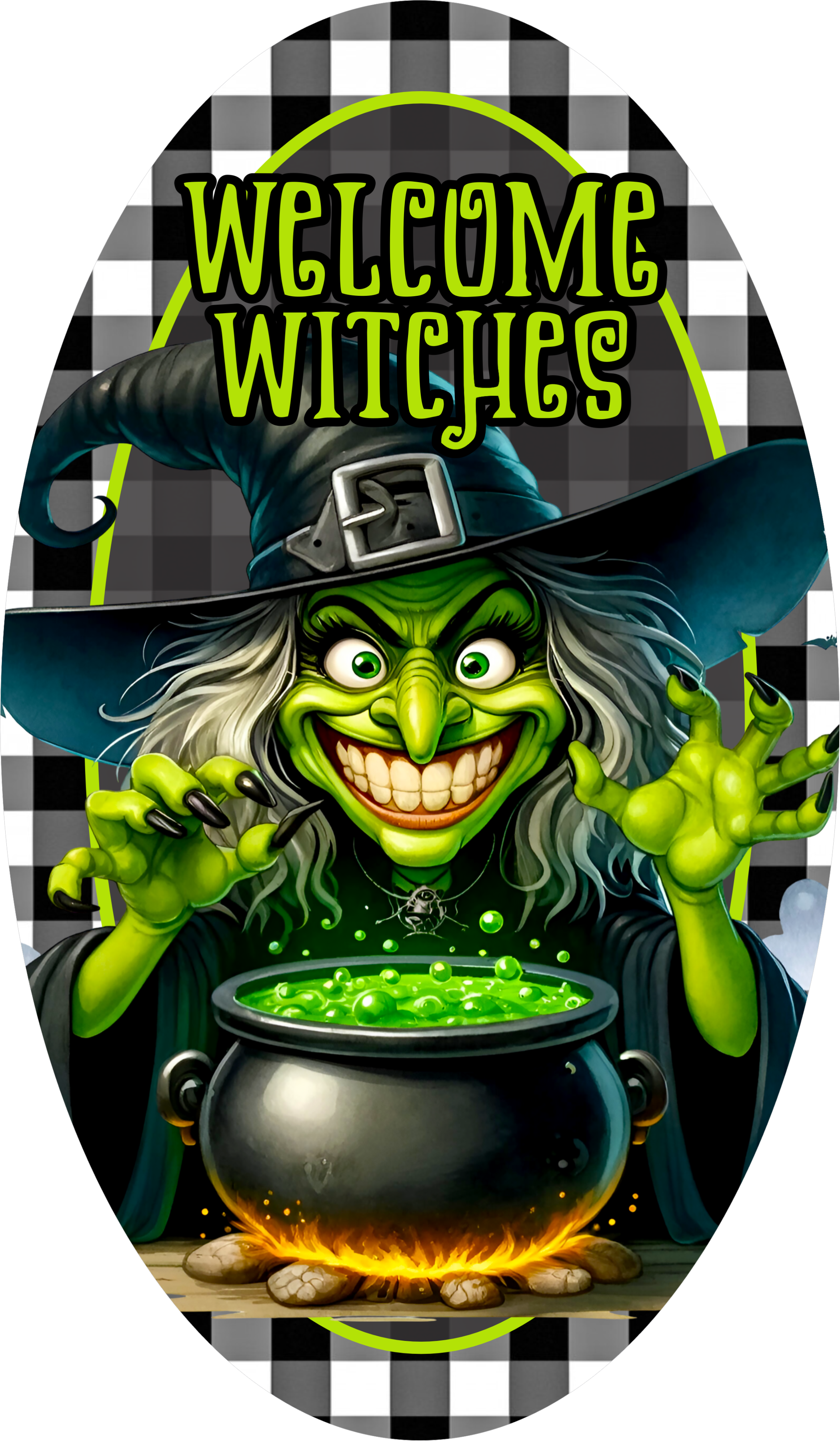 Welcome Witches Halloween Sign, Green Witch with Cauldron Decor, Black and White Plaid Wreath Accent for Spooky Season