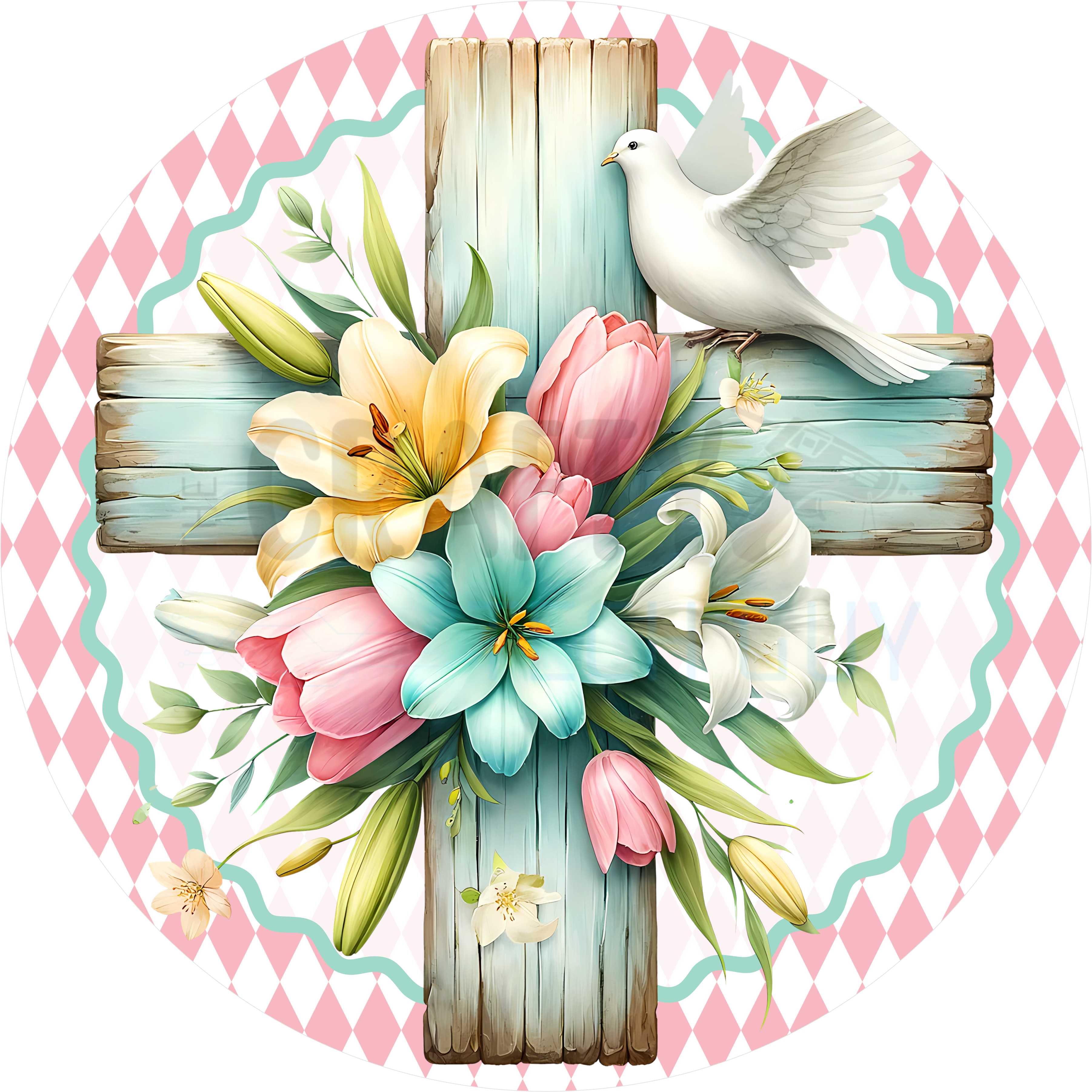 Spring Floral Easter Cross Round Sign – Dove & Pastel Lily Decor