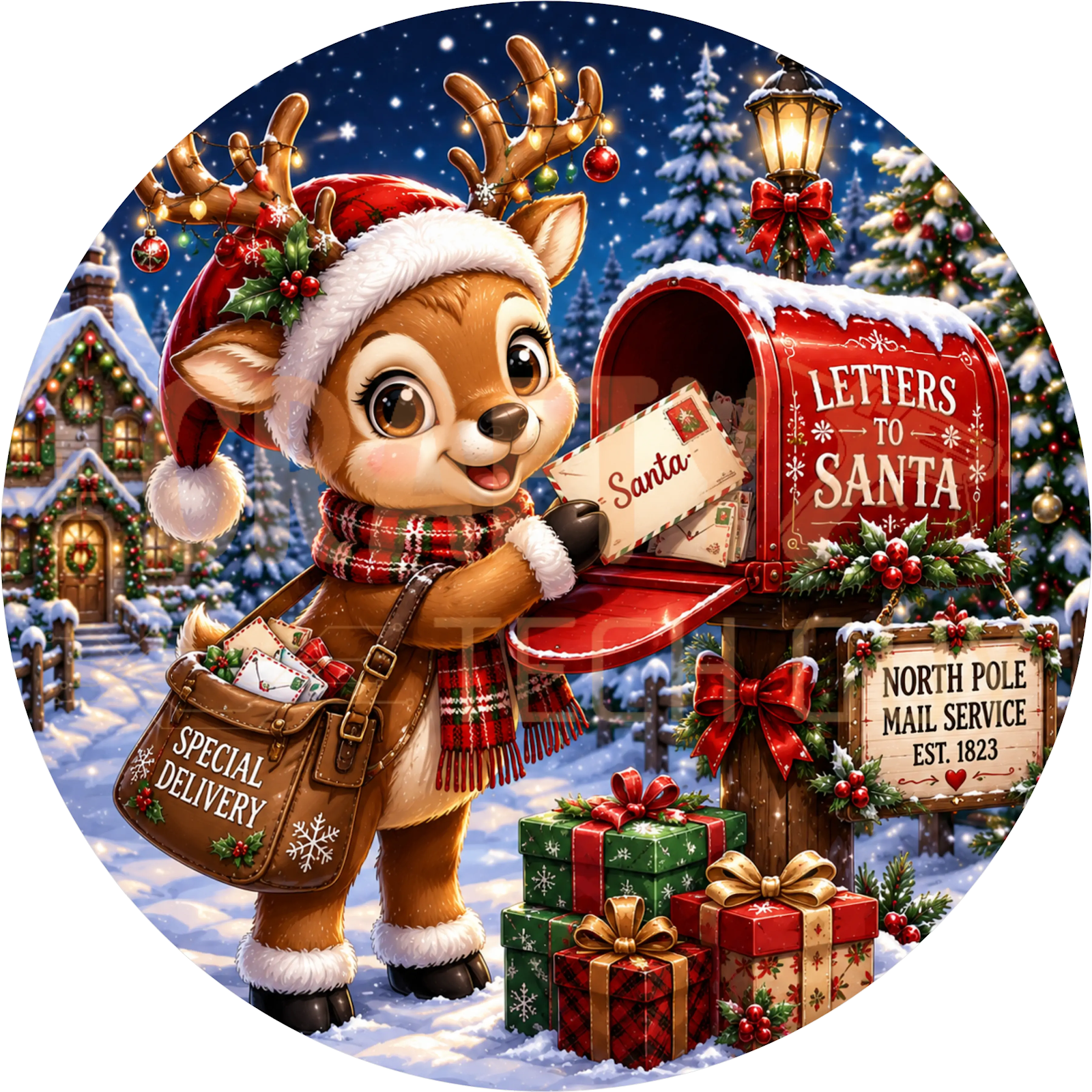 Reindeer Letters to Santa Christmas Wreath Sign – Mailbox Whimsical Design