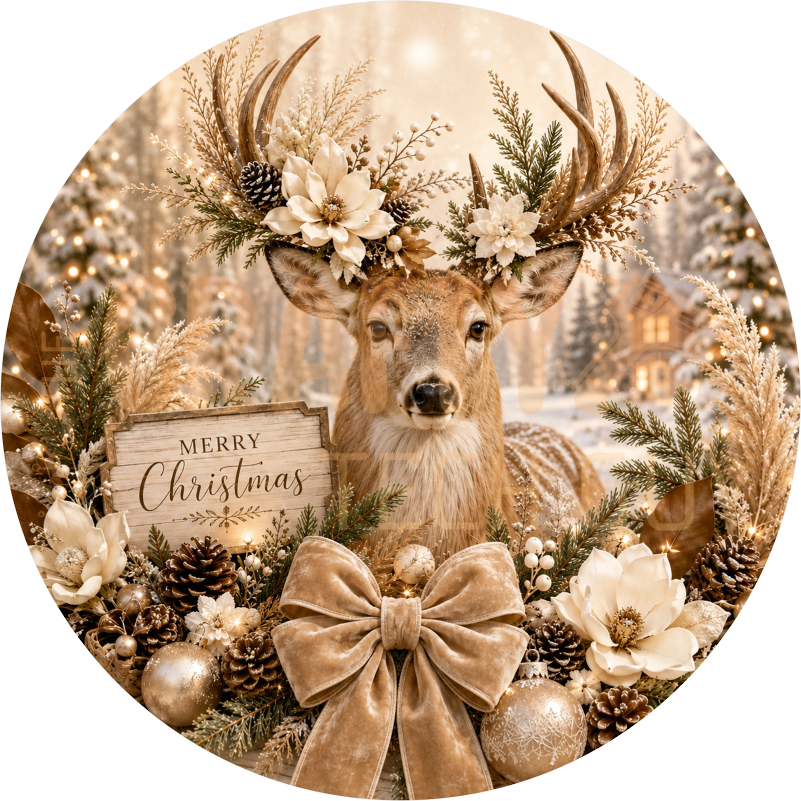 Floral Antler Deer Christmas Wreath Sign – Champagne and Gold Design