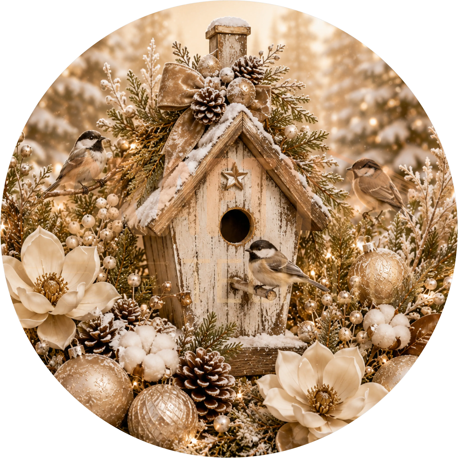 Birdhouse & Chickadees Christmas Wreath Sign – Champagne Gold Winter Floral Design