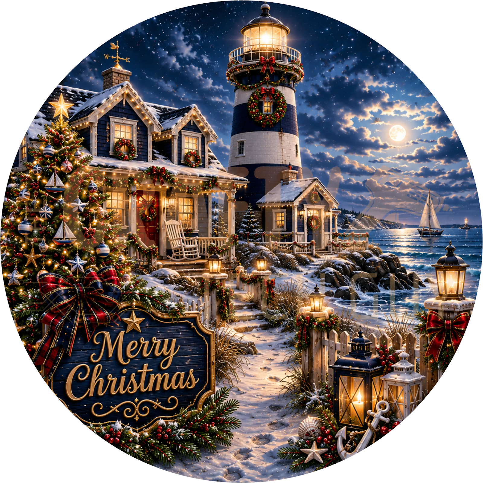 Coastal Lighthouse Christmas Wreath Sign – Cottage & Sailboat Design