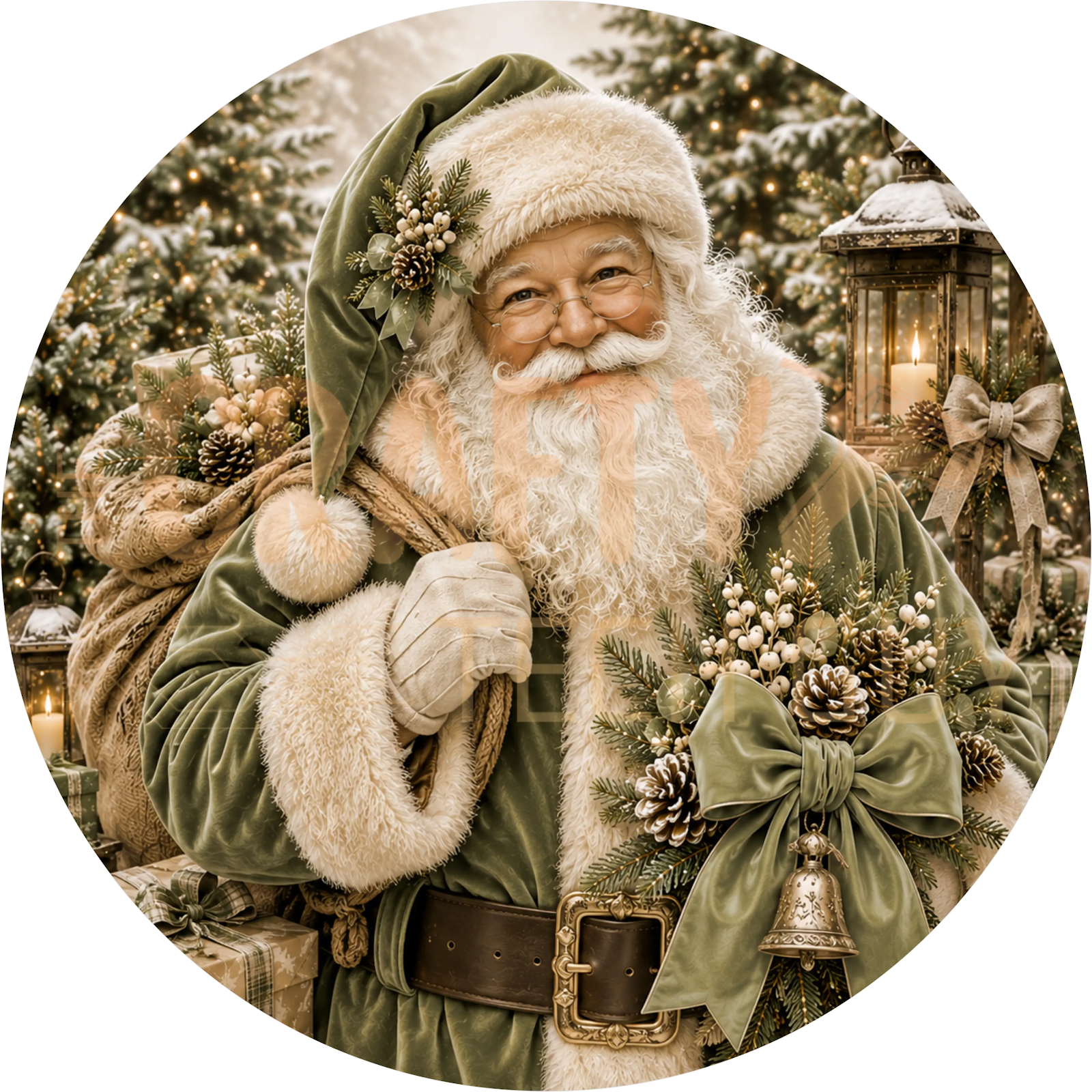 Santa Claus Portrait Christmas Wreath Sign – Sage Green Velvet Robe Design