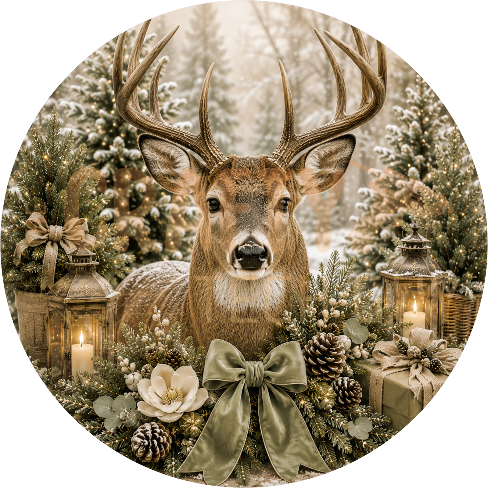 Majestic Buck Deer Christmas Wreath Sign – Sage Green Farmhouse Bow Design