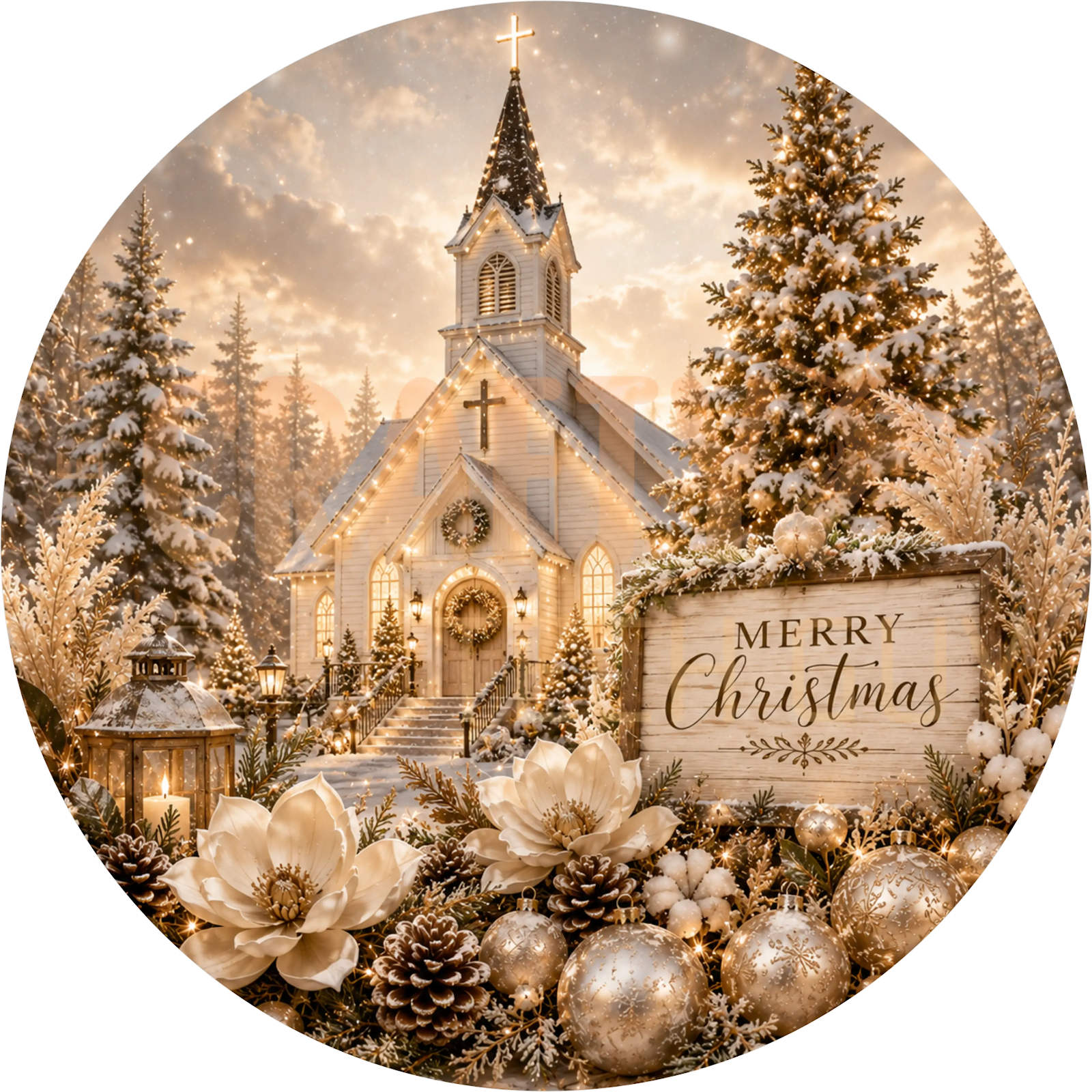 White Church Christmas Wreath Sign – Merry Christmas Snowy Pines Design