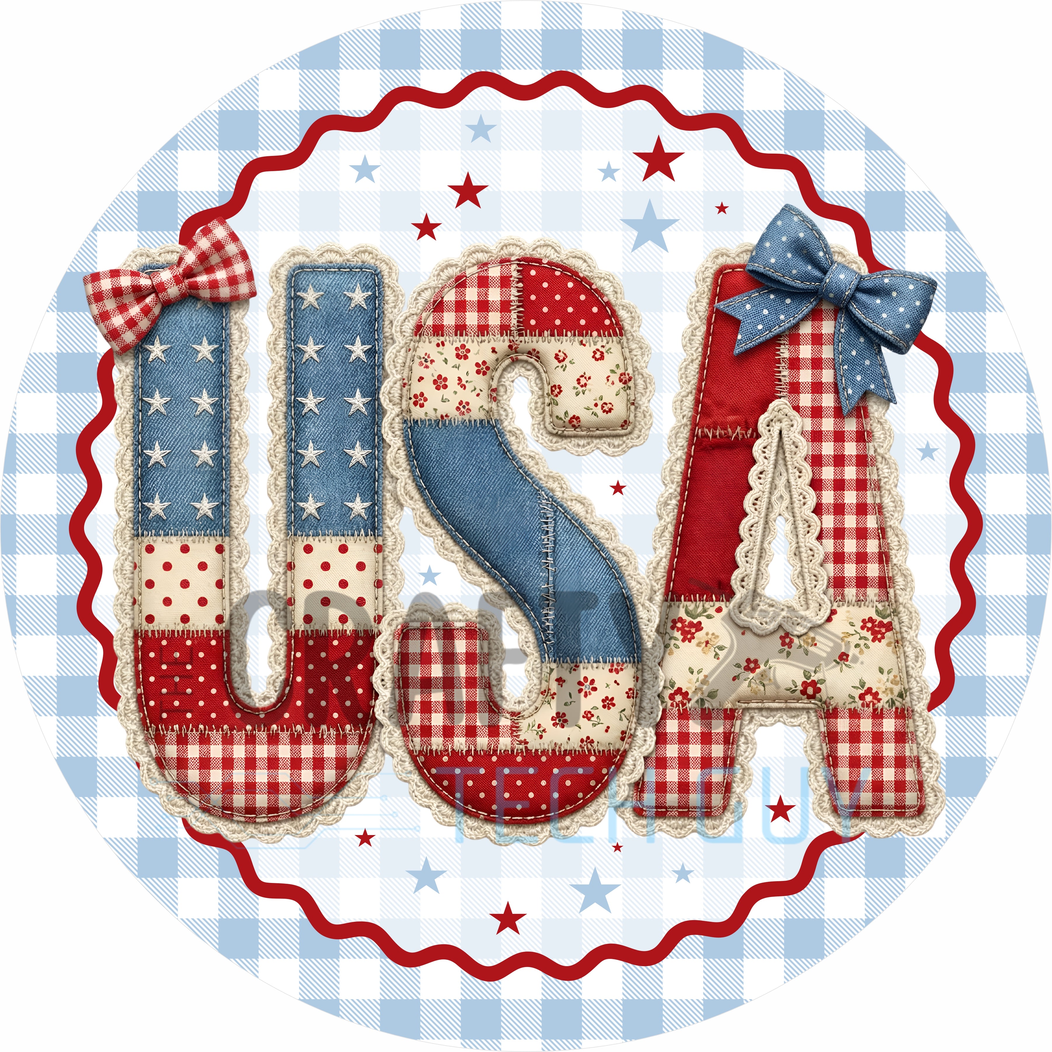 Patchwork USA Patriotic Round Wreath Sign