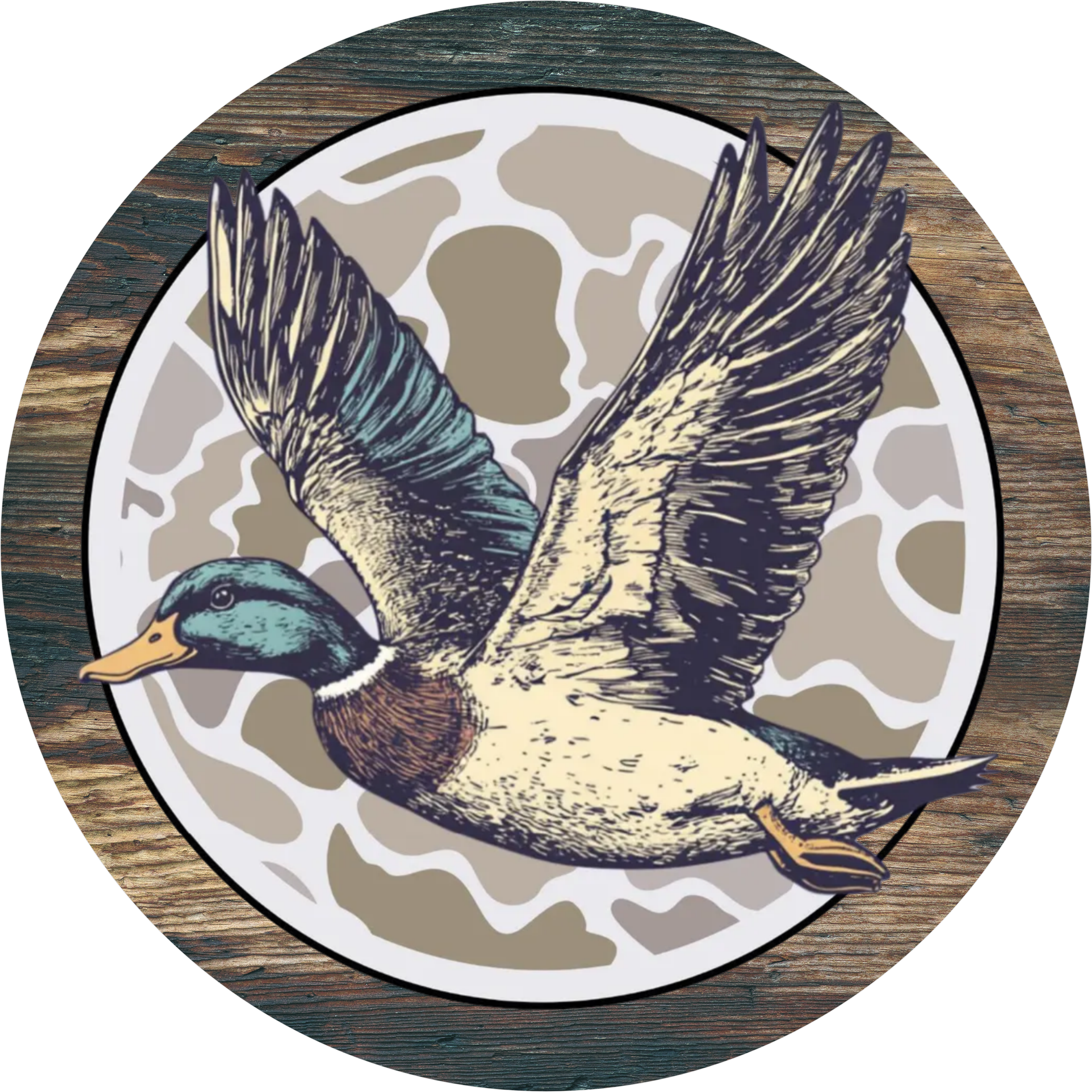 Letrero de caza de pato real, arte de pared de metal rústico con diseño de pato volador, decoración de cabaña de camuflaje para exteriores, letrero de cabaña para cazadores y deportistas.