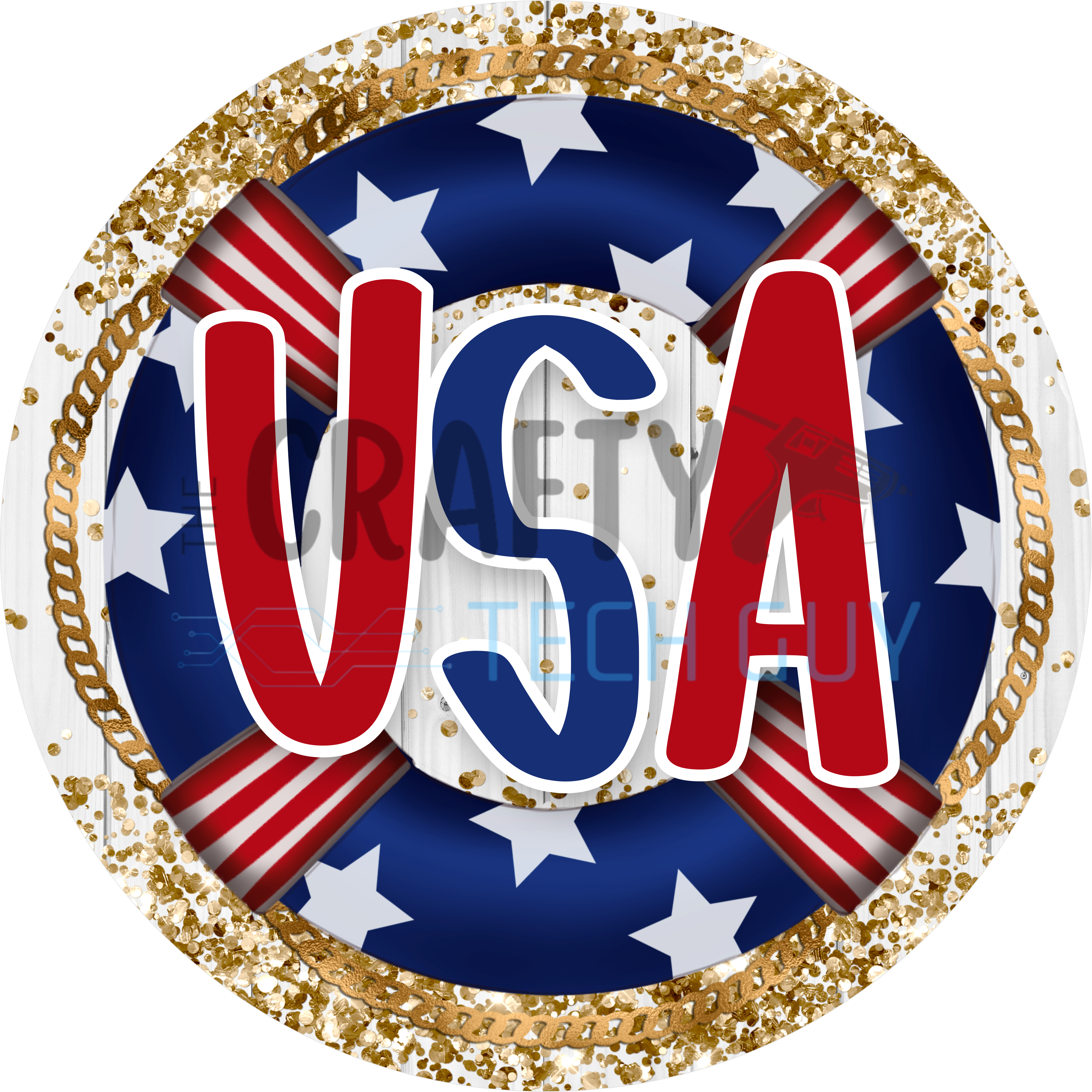 Patriotic USA Sign with Stars, Gold Glitter Border, and Red White and Blue Firework Ribbon Accents for Fourth of July and Americana Décor