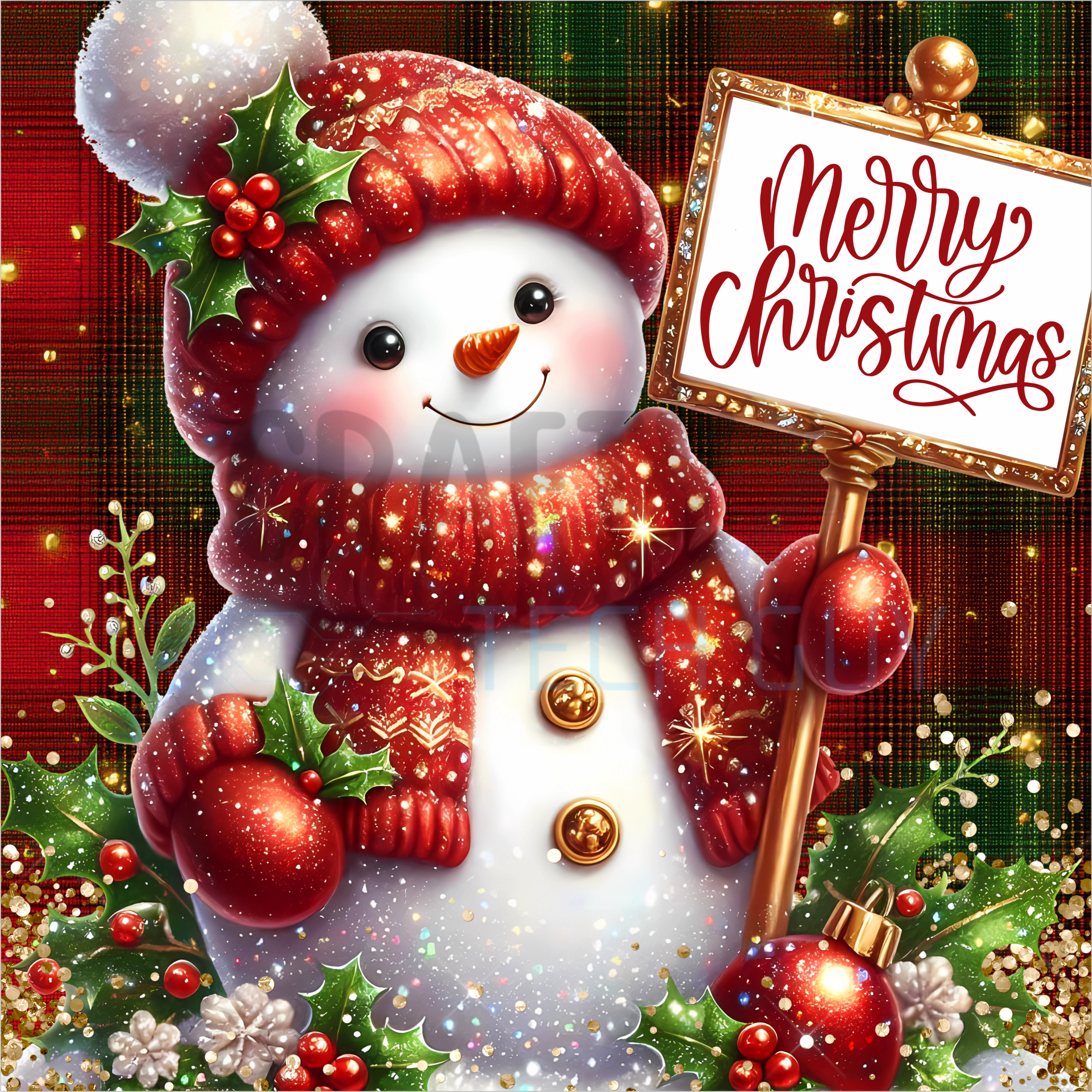 Festive Snowman Holding Merry Christmas Sign with Red Hat and Scarf | Holiday Winter Wonderland Design for Seasonal Home and Gift Décor