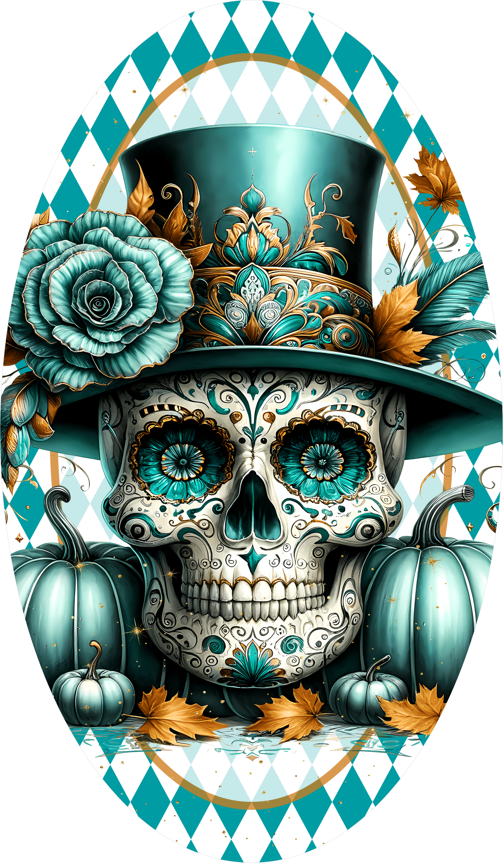 Teal Sugar Skull Fall Sign, Elegant Halloween Skull Wall Art, Blue Pumpkin Día de los Muertos Decor