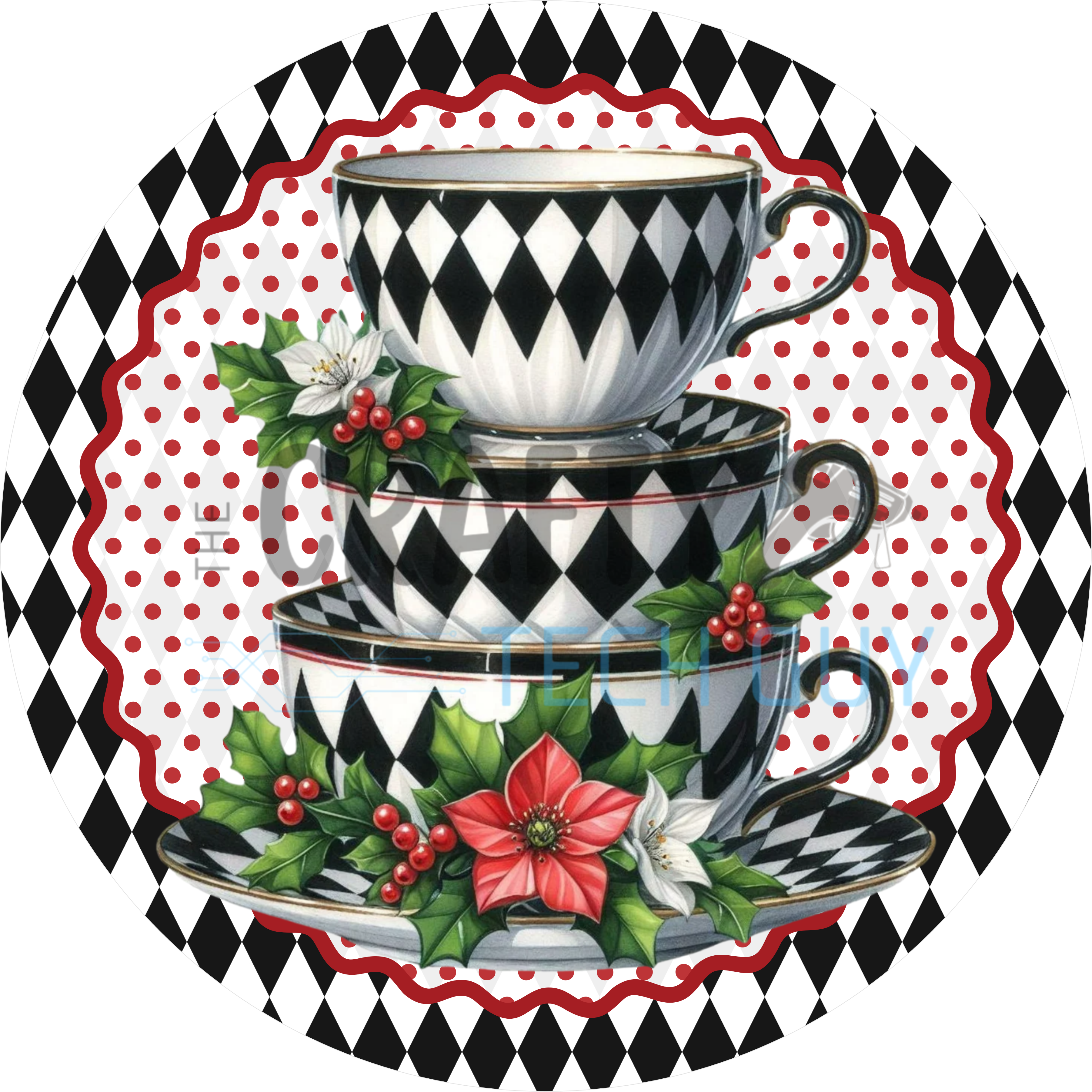 Letrero navideño de taza de té apilada con arlequín, decoración de pared para cocina, letrero de corona navideña con flor de Pascua en blanco y negro, elegante arte de taza de té para las fiestas de invierno.
