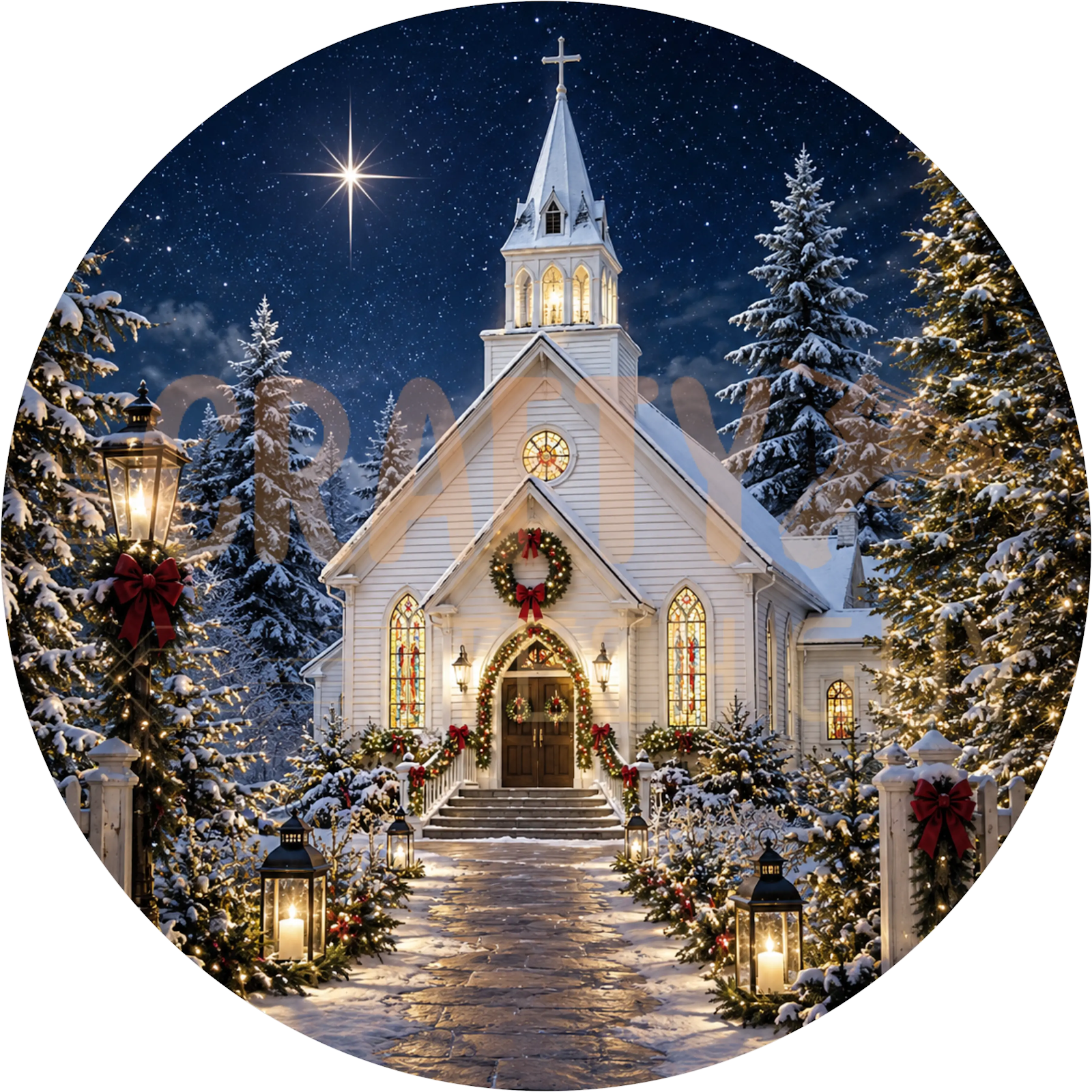 White Church Christmas Wreath Sign – Steeple Star Snowy Night Design