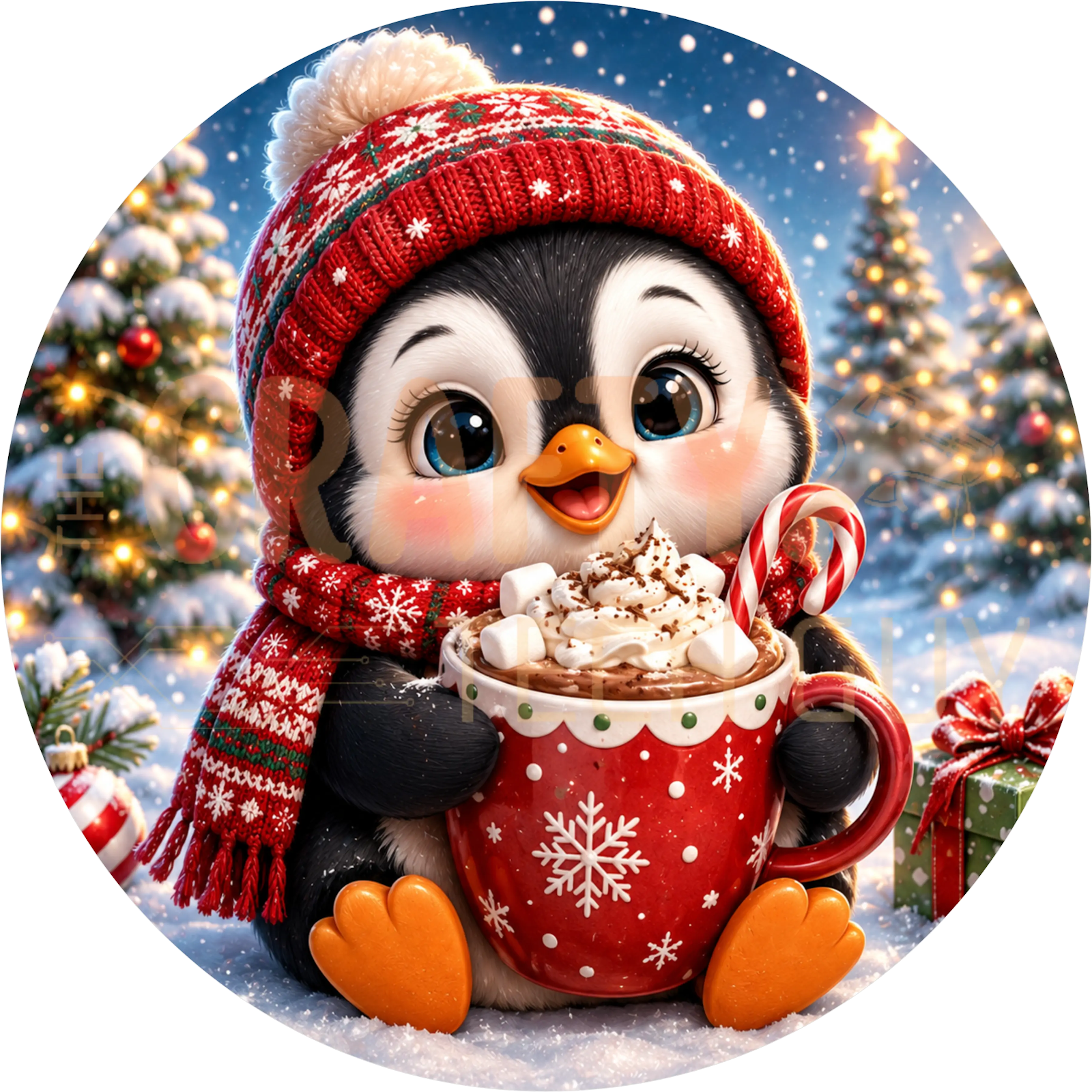 Penguin Hot Cocoa Christmas Wreath Sign – Candy Cane Cozy Design