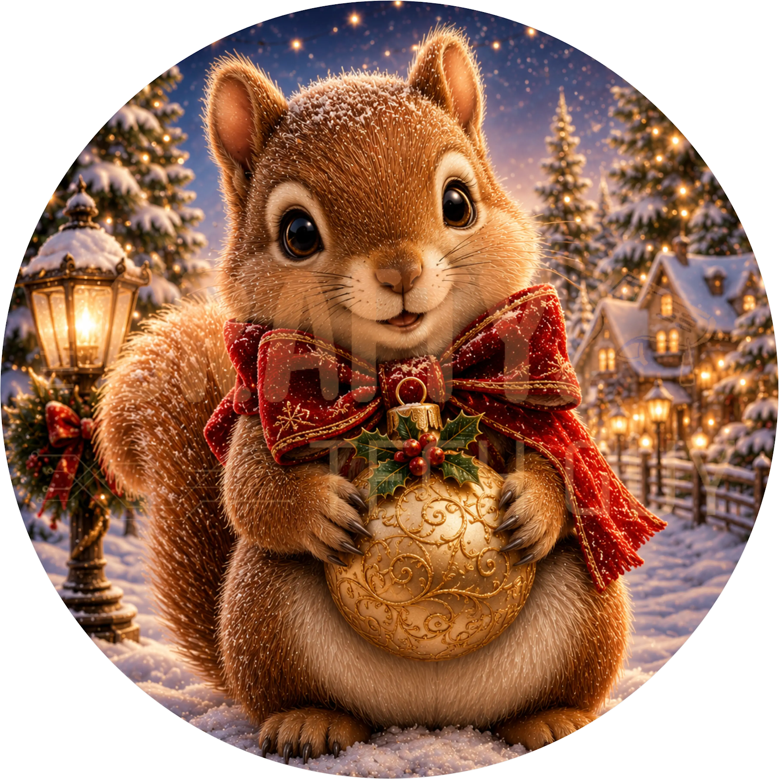 Baby Squirrel Christmas Wreath Sign – Gold Ornament Snowy Village Design