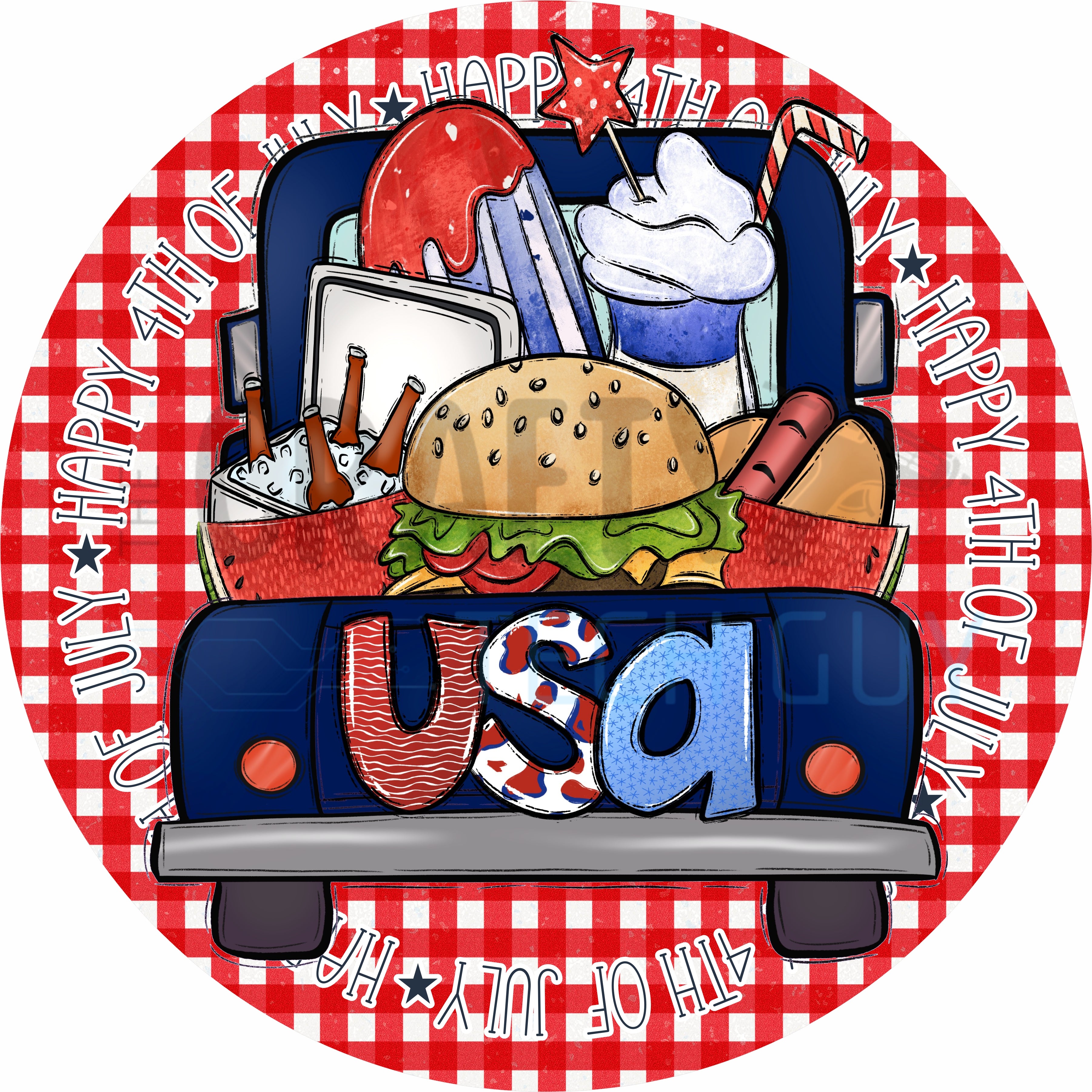Happy 4th of July Patriotic USA Truck Round Sign