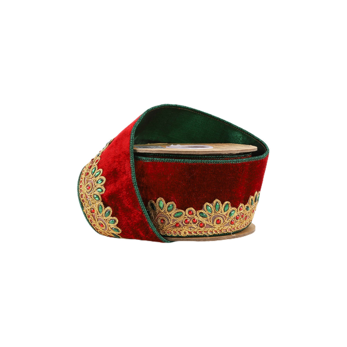 2 1/2 Inch 5 Yard Red Premium Velvet Wired Ribbon with Gold Scallop Jewel Trim on Spool